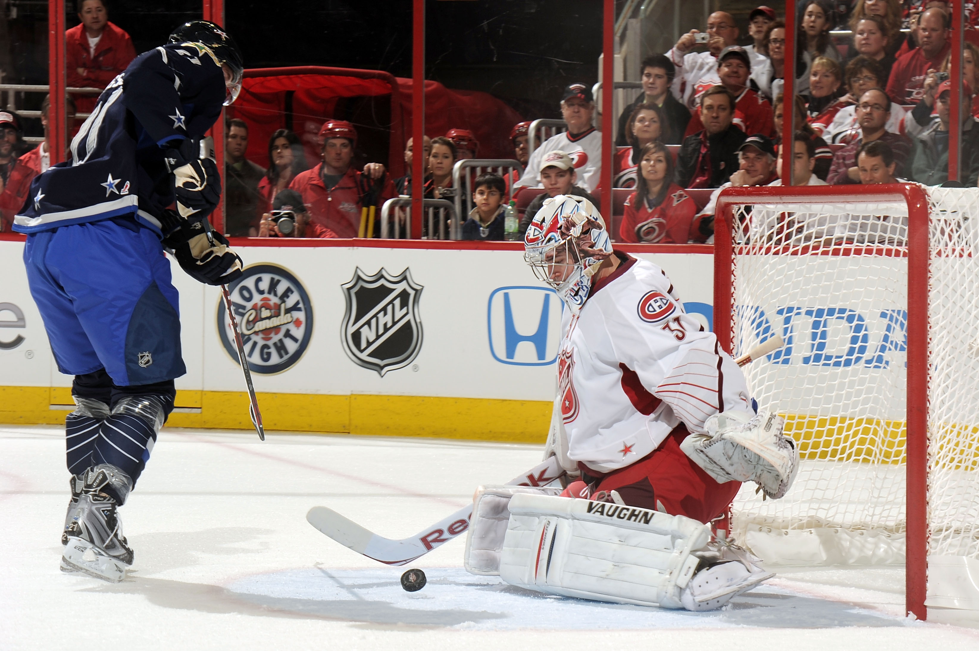 RALEIGH, NC - JANUARY 30:  Loui Eriksson #21 of the Dallas Stars attempts to score a goal against Carey Price #31 of the Montreal Canadiens in the 58th NHL All-Star Game at RBC Center on January 30, 2011 in Raleigh, North Carolina.  (Photo by Harry How/Ge