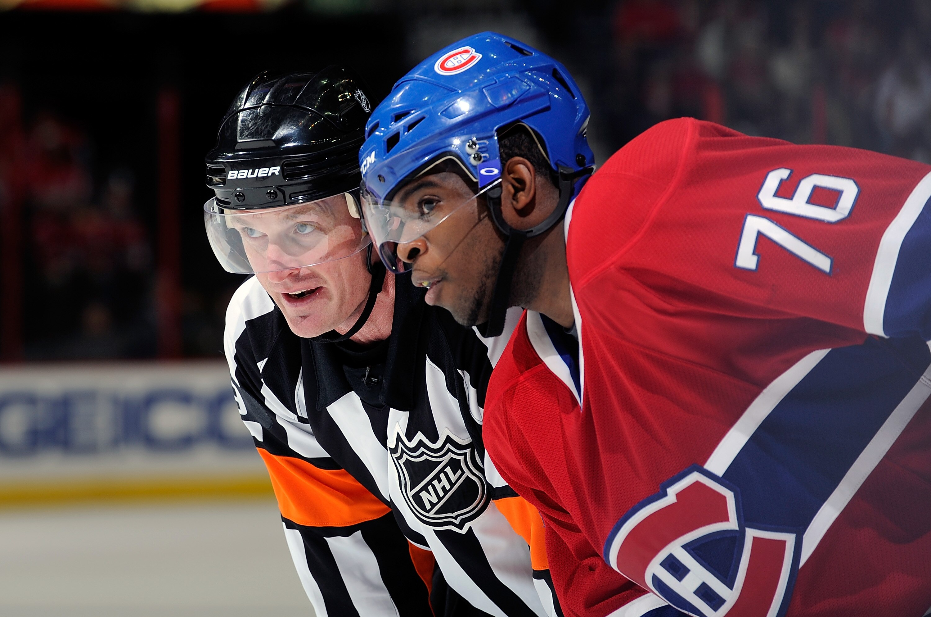 WASHINGTON, DC - FEBRUARY 01:  P.K. Subban #76 of the Montreal Canadiens talks with referee Dan O'Rourke during the game against the Washington Capitals at the Verizon Center on February 1, 2011 in Washington, DC.  (Photo by Greg Fiume/Getty Images)