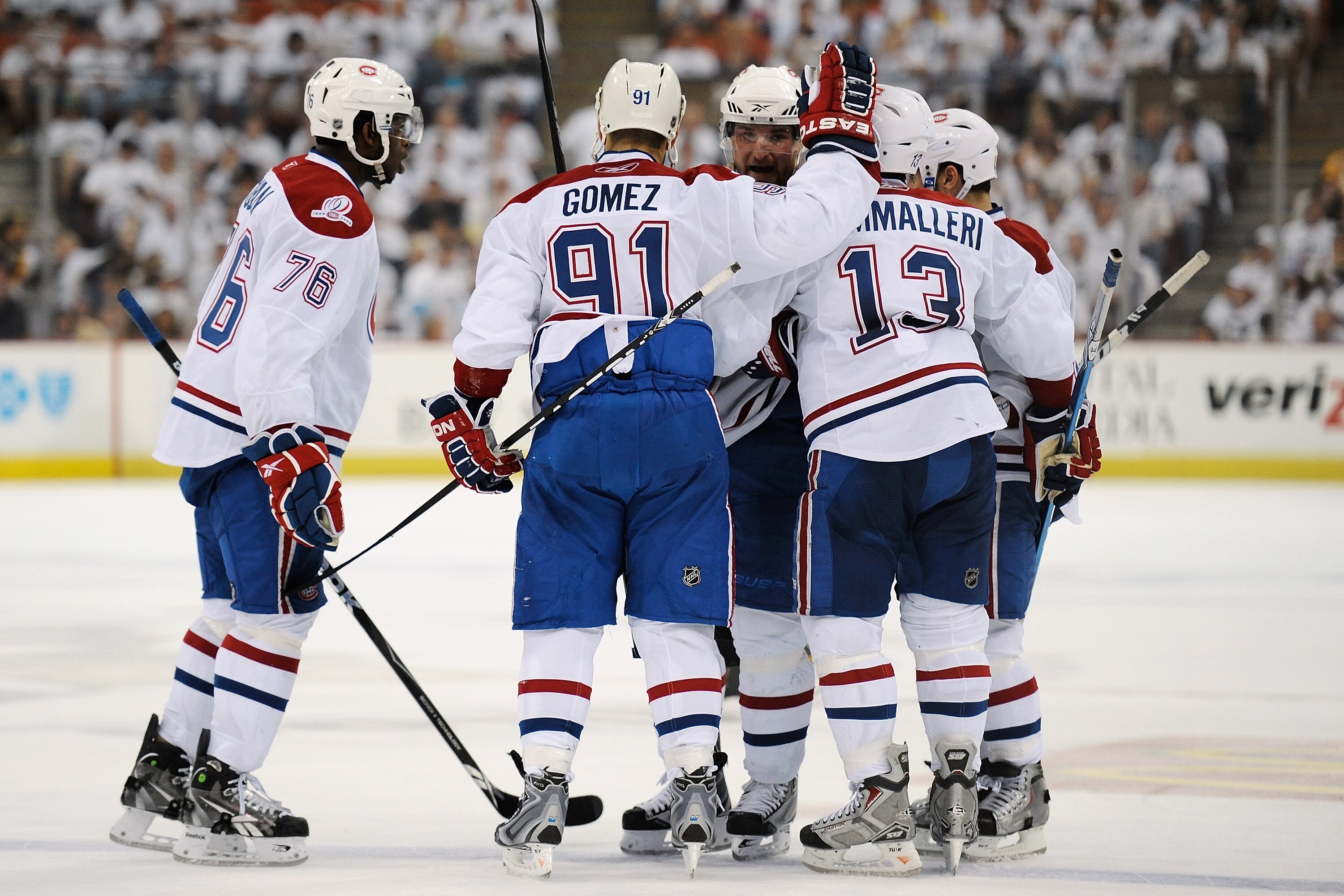 PITTSBURGH - APRIL 30:  The Montreal Canadiens celebrate a power play goal by Brian Gionta #21 of the Montreal Canadiens in the third period against the Pittsburgh Penguins in Game One of the Eastern Conference Semifinals during the 2010 NHL Stanley Cup P