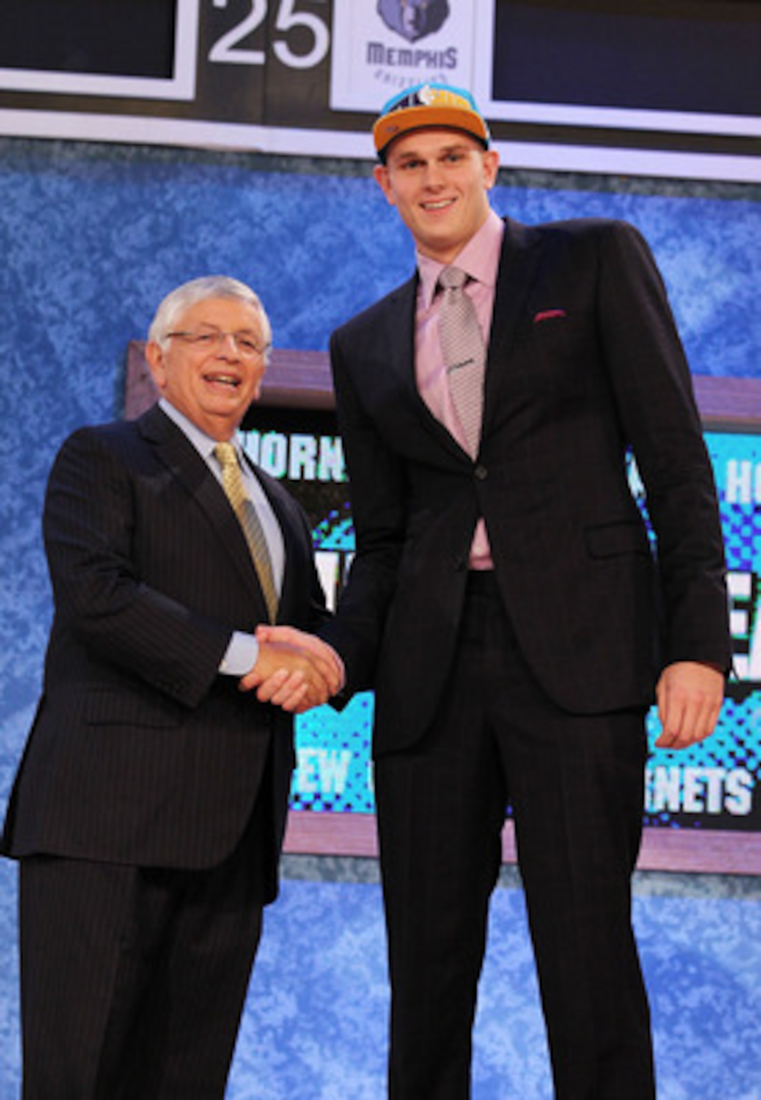NEW YORK - JUNE 24:  Cole Aldrich stands with NBA Commisioner David Stern after being drafted eleventh by  The New Orleans Hornets at Madison Square Garden on June 24, 2010 in New York City.  NOTE TO USER: User expressly acknowledges and agrees that, by d