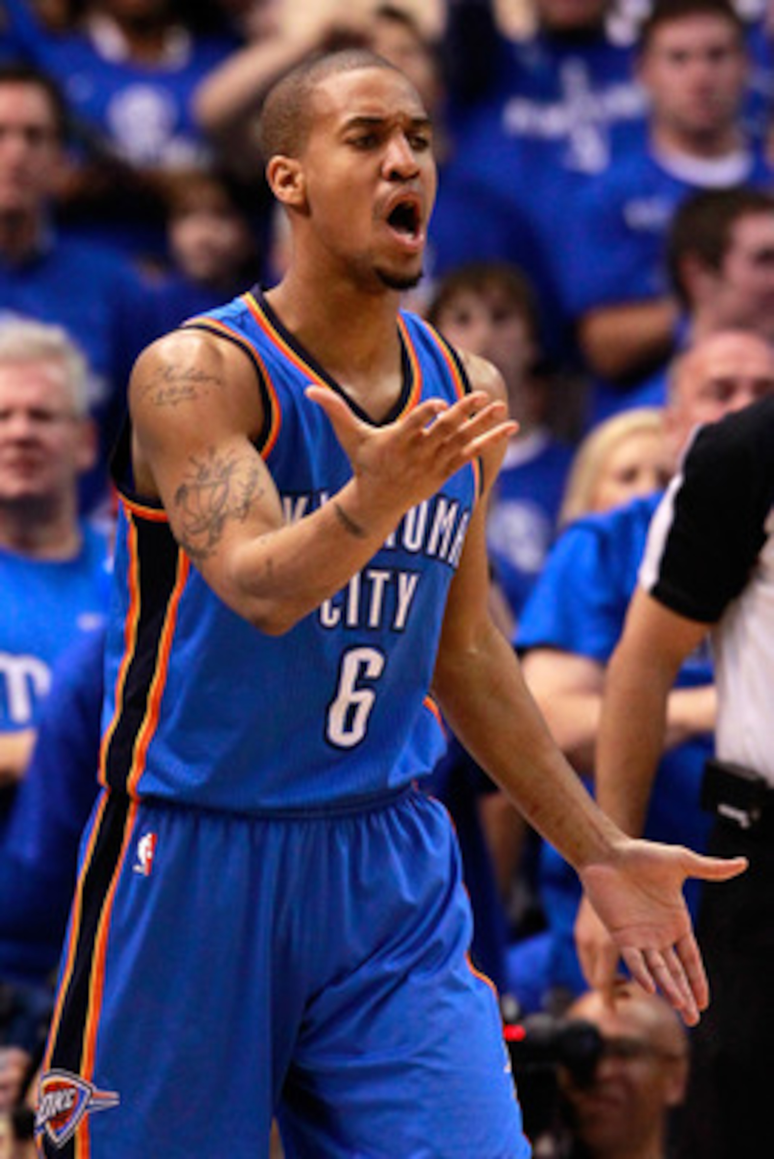 DALLAS, TX - MAY 17:  Eric Maynor #6 of the Oklahoma City Thunder reacts in the second half while taking on the Dallas Mavericks in Game One of the Western Conference Finals during the 2011 NBA Playoffs at American Airlines Center on May 17, 2011 in Dalla