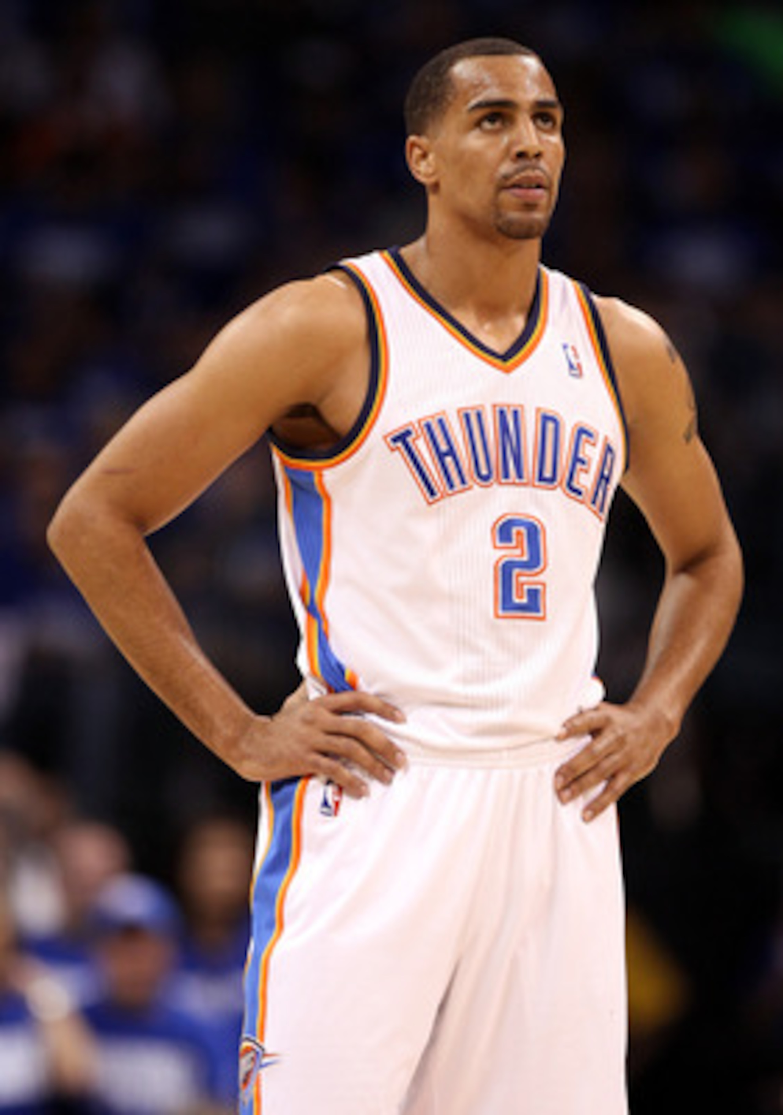OKLAHOMA CITY, OK - MAY 21:  Thabo Sefolosha #2 of the Oklahoma City Thunder looks on while taking on the Dallas Mavericks in Game Three of the Western Conference Finals during the 2011 NBA Playoffs at Oklahoma City Arena on May 21, 2011 in Oklahoma City,