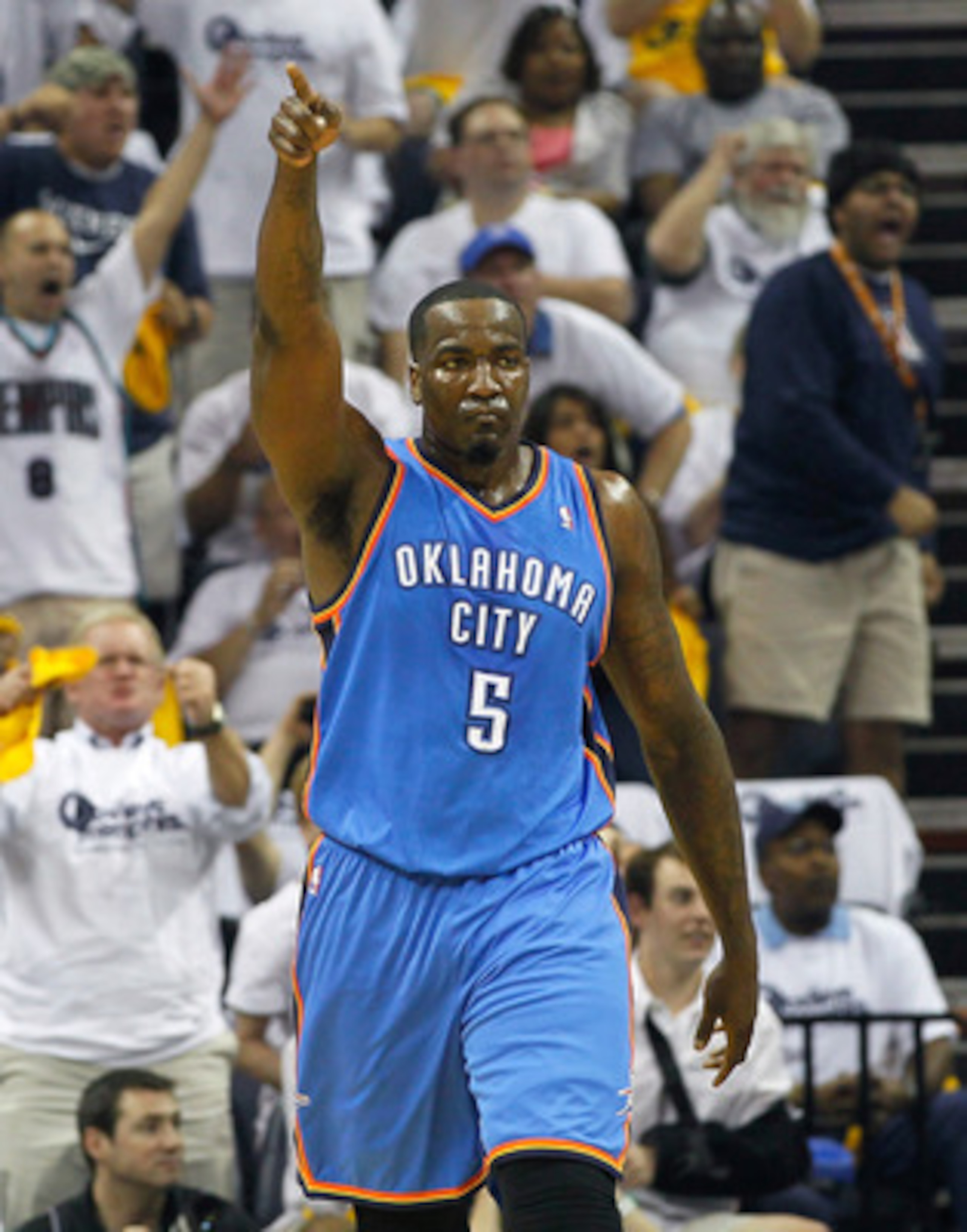 MEMPHIS, TN - MAY 13:  Kendrick Perkins #5 of the Oklahoma City Thunder against the Memphis Grizzlies in Game Six of the Western Conference Semifinals in the 2011 NBA Playoffs at FedExForum on May 13, 2011 in Memphis, Tennessee.  NOTE TO USER: User expres