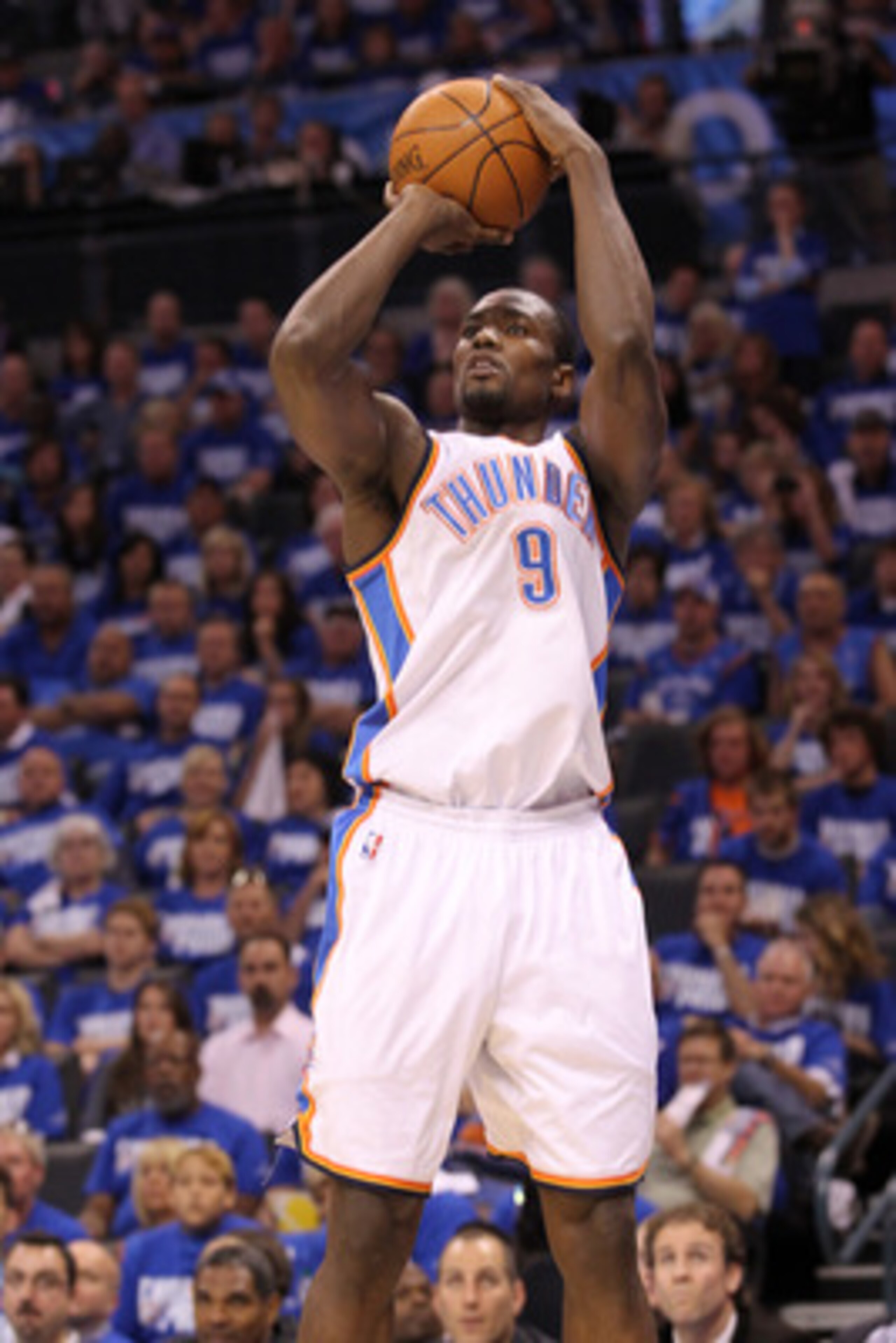 OKLAHOMA CITY, OK - MAY 21:  Serge Ibaka #9 of the Oklahoma City Thunder shoots the ball while taking on the Dallas Mavericks in Game Three of the Western Conference Finals during the 2011 NBA Playoffs at Oklahoma City Arena on May 21, 2011 in Oklahoma Ci