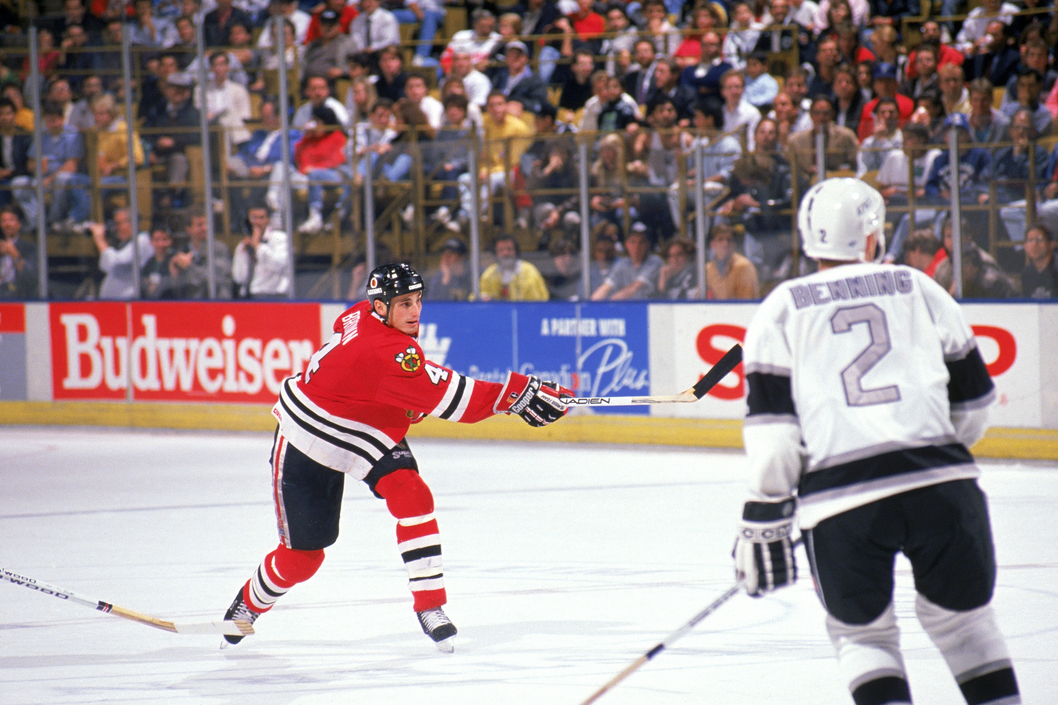 INGLEWOOD, CA - 1989: Defense Keith Brown #4 of the Chicago Blackhawks takes a shot against the Los Angeles Kings during a game at the Great Western Forum during the 1989-90 season in Inglewood, California. (Photo by Mike Powell/Getty Images) INGLEWOOD, CA - 1989: Defense Keith Brown #4 of the Chicago Blackhawks takes a shot against the Los Angeles Kings during a game at the Great Western Forum during the 1989-90 season in Inglewood, California. (Photo by Mike Powell/Getty Images)