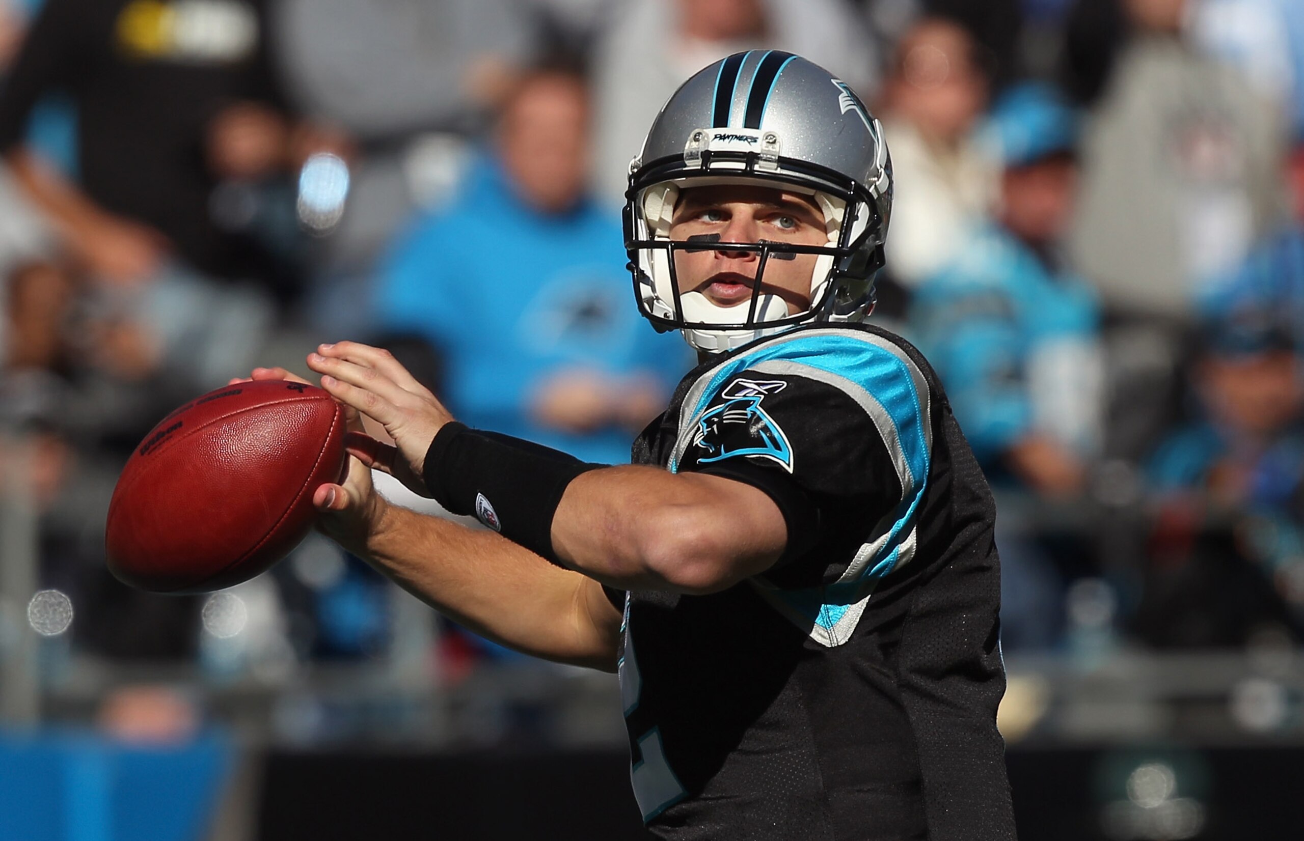 CHARLOTTE, NC - NOVEMBER 07:  Jimmy Clausen #2 of the Carolina Panthers against the New Orleans Saints during their game at Bank of America Stadium on November 7, 2010 in Charlotte, North Carolina.  (Photo by Streeter Lecka/Getty Images)