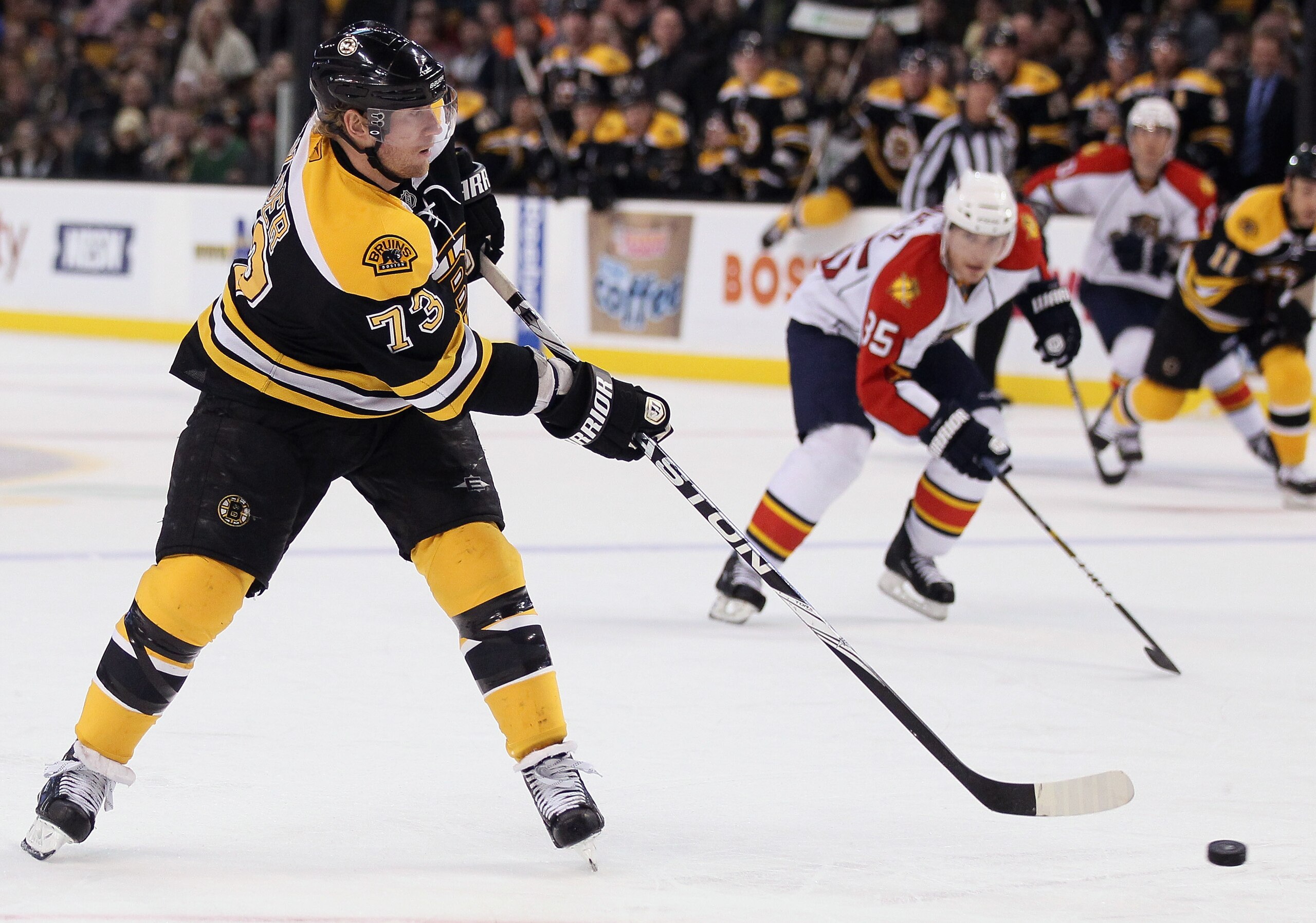 BOSTON, MA - JANUARY 26:  Michael Ryder #73 of the Boston Bruins takes a shot as Rostislav Olesz #85 of Florida Panthers defends on January 26, 2011 at the TD Garden in Boston, Massachusetts. The Bruins defeated the Panthers 2-1.  (Photo by Elsa/Getty Ima