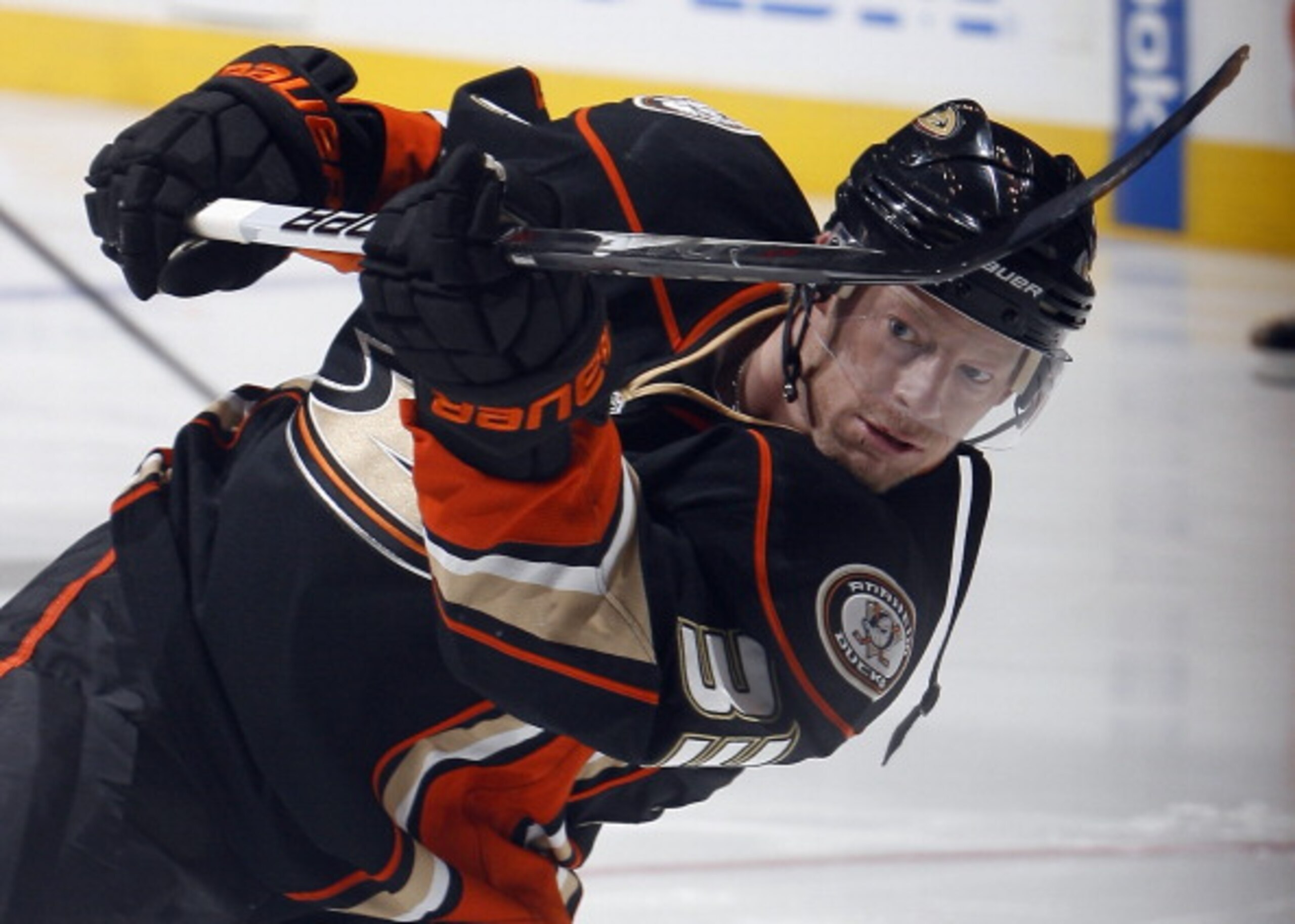 TORONTO, CANADA - JANUARY 20: Jason Blake #33 of the Anaheim Ducks shoots during warmup before game action at the Air Canada Centre against the Toronto Maple Leafs January 20, 2011 in Toronto, Ontario, Canada. (Photo by Abelimages/Getty Images)