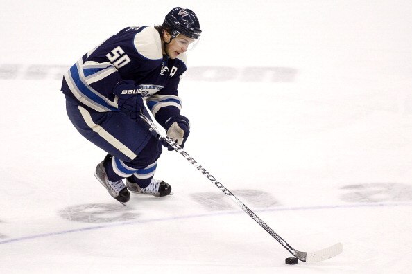 COLUMBUS, OH - JANUARY 14:  Antoine Vermette #50 of the Columbus Blue Jackets skates the puck up ice during a game against the Detroit Red Wings on January 14, 2011 at Nationwide Arena in Columbus, Ohio. Columbus defeated Detroit 3-2 in a shootout. (Photo