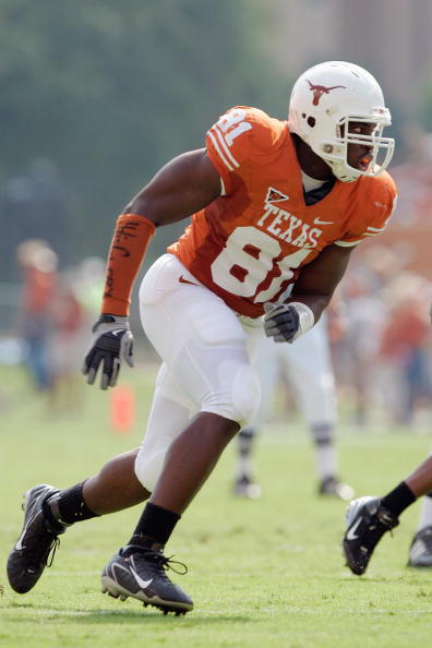 AUSTIN, TX - SEPTEMBER 27:  Sam Acho #81 of the Texas Longhorns moves on the field during the game against the Arkansas Razorbacks on September 27, 2008 at Darrell K Royal-Texas Memorial Stadium in Austin, Texas.  Texas won 52-10.  (Photo by Brian Bahr/Ge