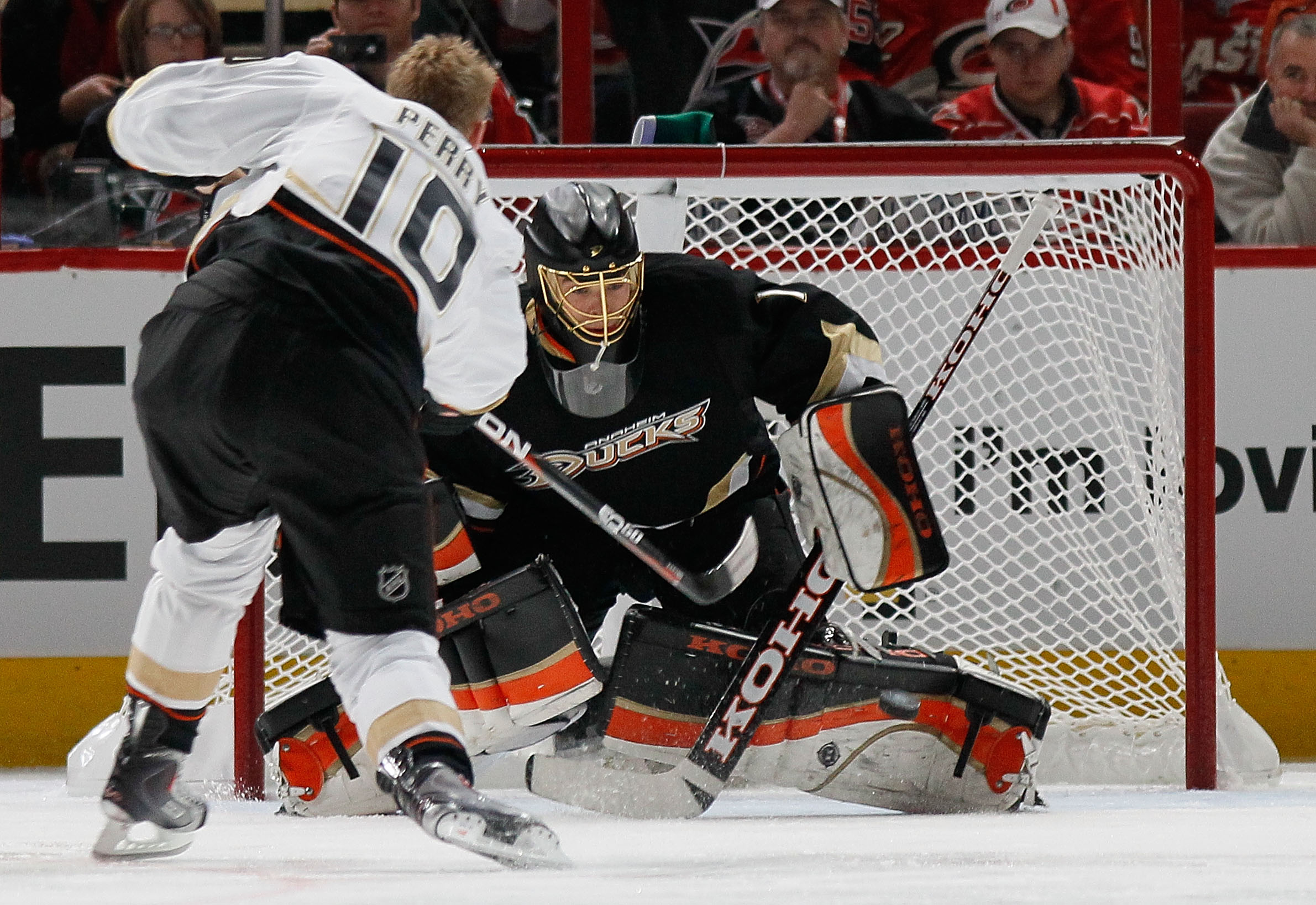 RALEIGH, NC - JANUARY 29:  Corey Perry #10 of the Colorado Avalanche shoots against Jonas Hiller #1 of the Anaheim Ducks during the elimination shootout part of the Honda NHL SuperSkills competition part of 2011 NHL All-Star Weekend at the RBC Center on J