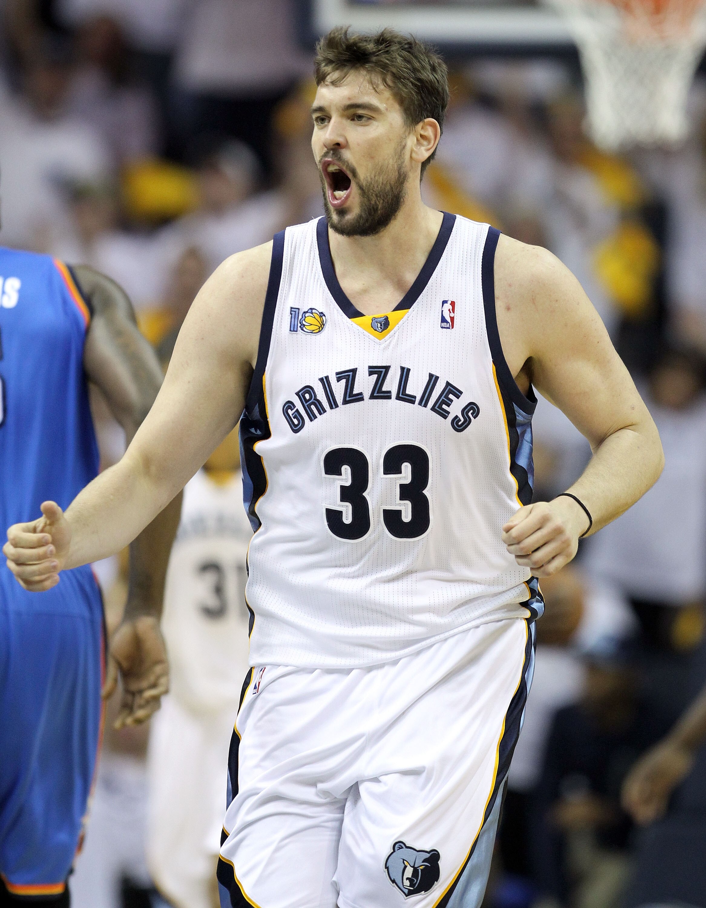 MEMPHIS, TN - MAY 07:  Marc Gasol #33 of the  Memphis Grizzlies celebrates during the game against the Oklahoma City Thunder in Game Three of the Western Conference Semifinals in the 2011 NBA Playoffs at FedExForum on May 7, 2011 in Memphis, Tennessee.The