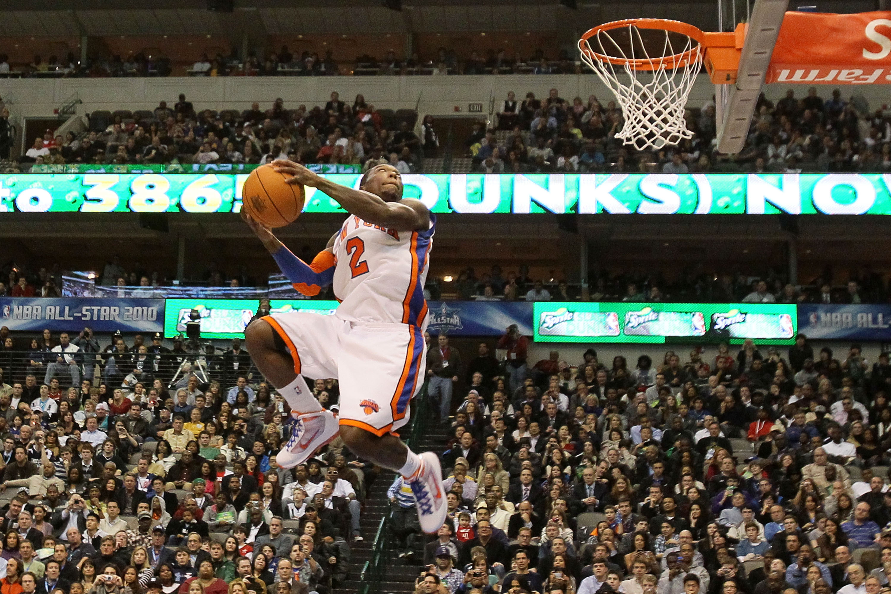 DALLAS - FEBRUARY 13:  Nate Robinson #2 of the New York Knicks attempts a dunk during the Sprite Slam Dunk Contest on All-Star Saturday Night, part of 2010 NBA All-Star Weekend at American Airlines Center on February 13, 2010 in Dallas, Texas. NOTE TO USE