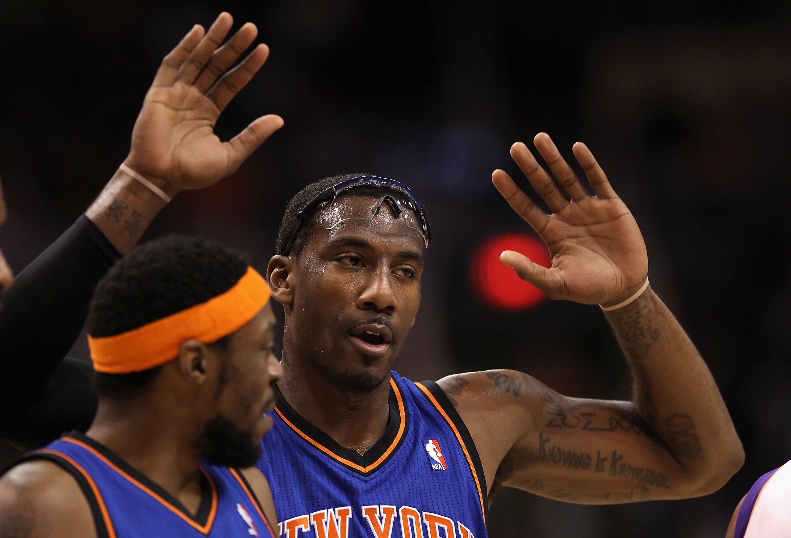 PHOENIX - JANUARY 07:  Amar'e Stoudemire #1 of the New York Knicks high fives teammate Bill Walker #5 after scoring against the Phoenix Suns during the NBA game at US Airways Center on January 7, 2011 in Phoenix, Arizona.  The Knicks defeated the Suns 121
