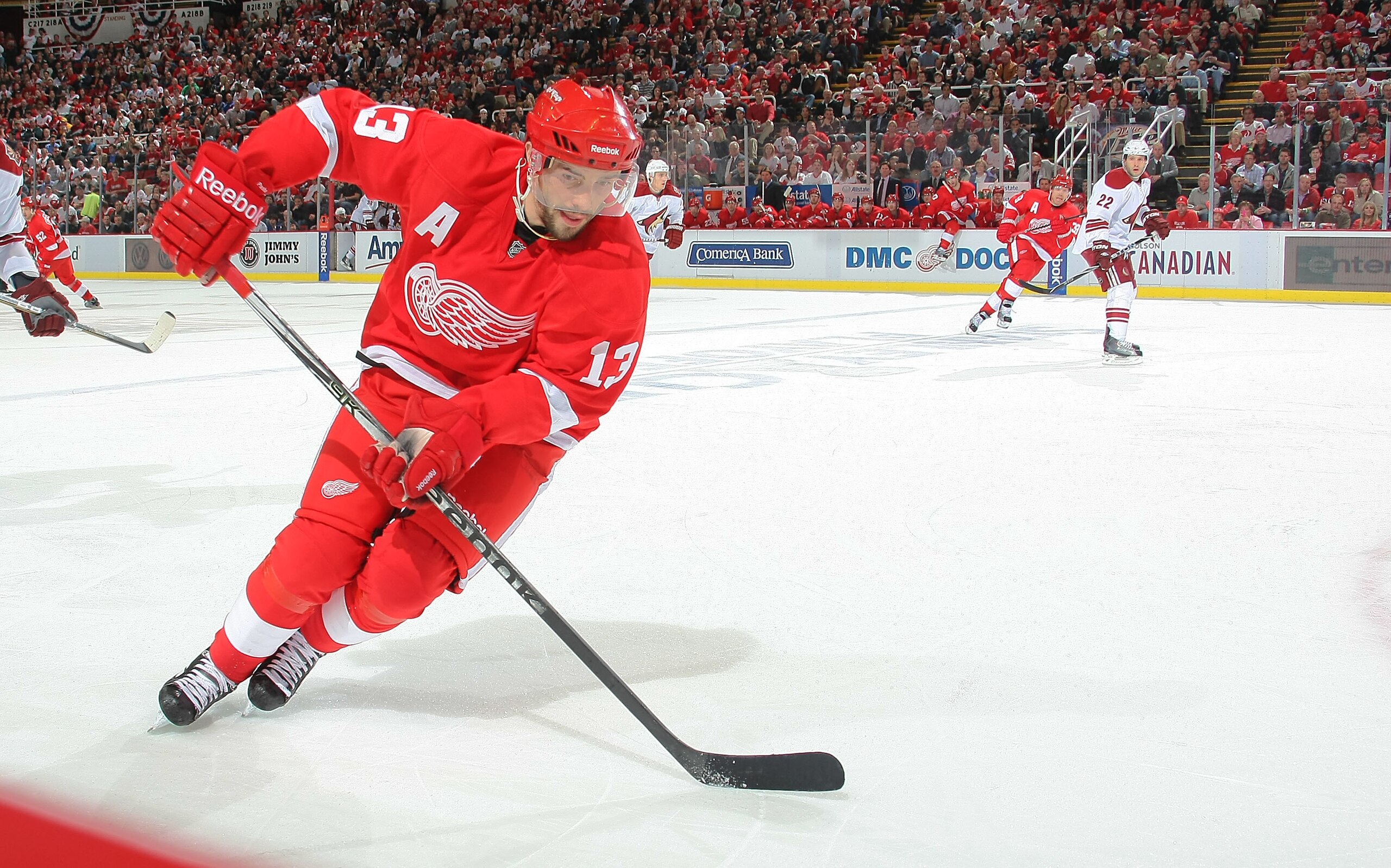 DETROIT, MI- APRIL 13:  Pavel Datsyuk #13 the Detroit Red Wings skates against the Phoenix Coyotes in Game One of the Western Conference Quarterfinals during the 2011 NHL Stanley Cup Playoffs at Joe Louis Arena on April 13, 2011 in Detroit, Michigan.(Phot