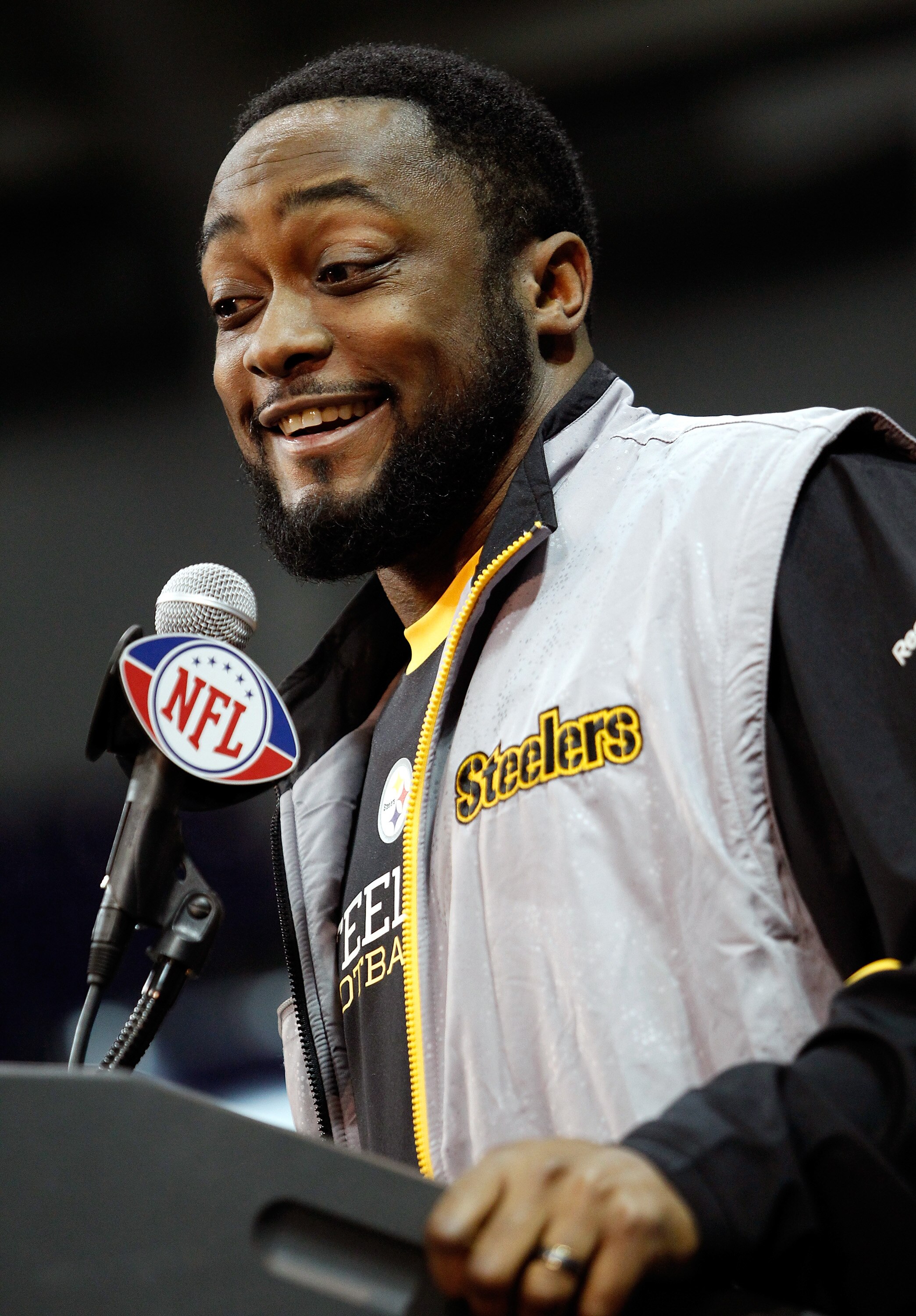 FORT WORTH, TX - FEBRUARY 02:  Head coach Mike Tomlin of the Pittsburgh Steelers talks with the media on February 2, 2011 in Fort Worth, Texas. The Pittsburgh Steelers will play the Green Bay Packers in Super Bowl XLV on February 6, 2011 at Cowboys Stadiu