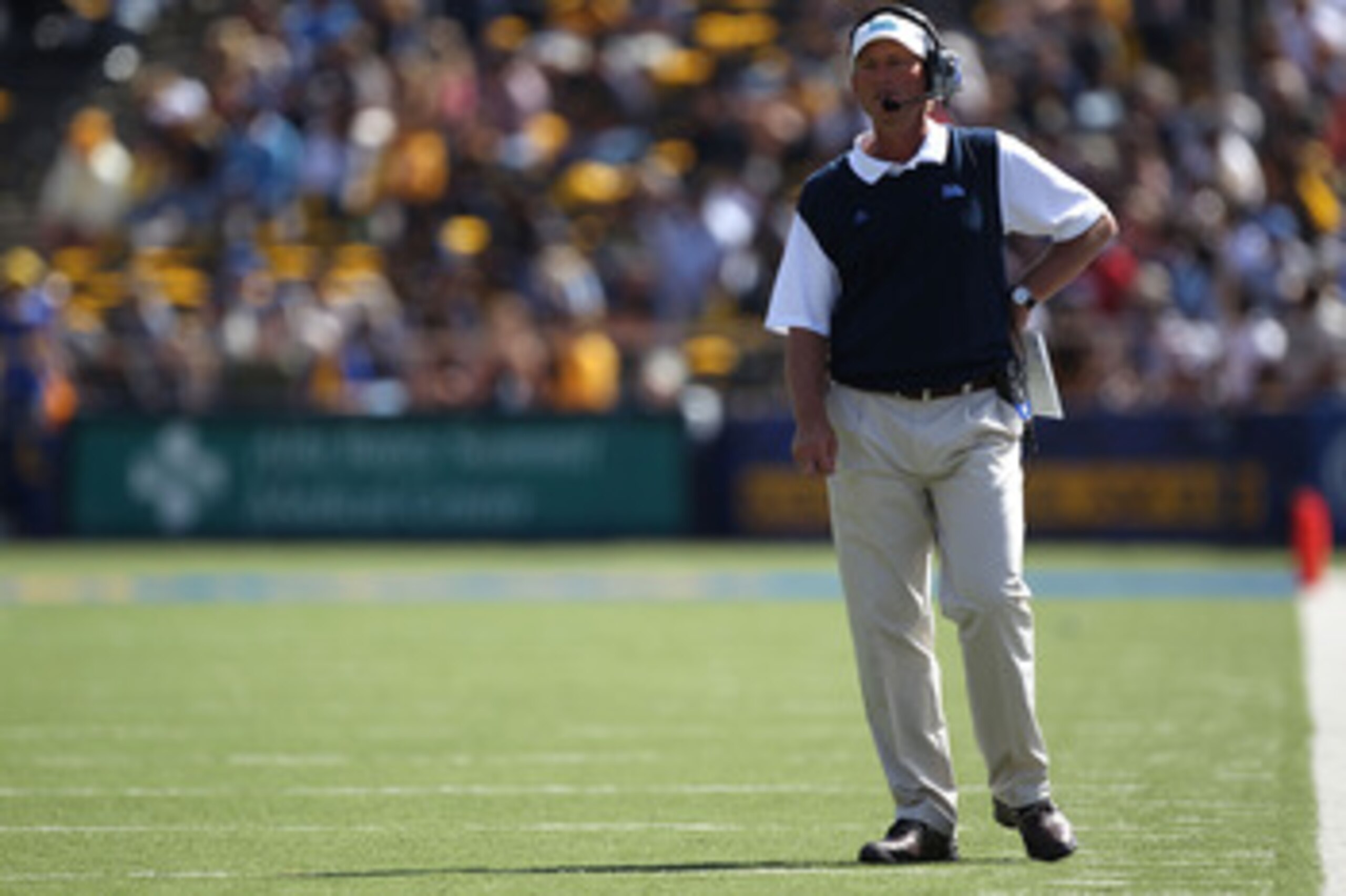 BERKELEY, CA - OCTOBER 09:  Head coach Rick Neuheisel of the UCLA Bruins looks on against the California Golden at California Memorial Stadium on October 9, 2010 in Berkeley, California.  (Photo by Jed Jacobsohn/Getty Images)