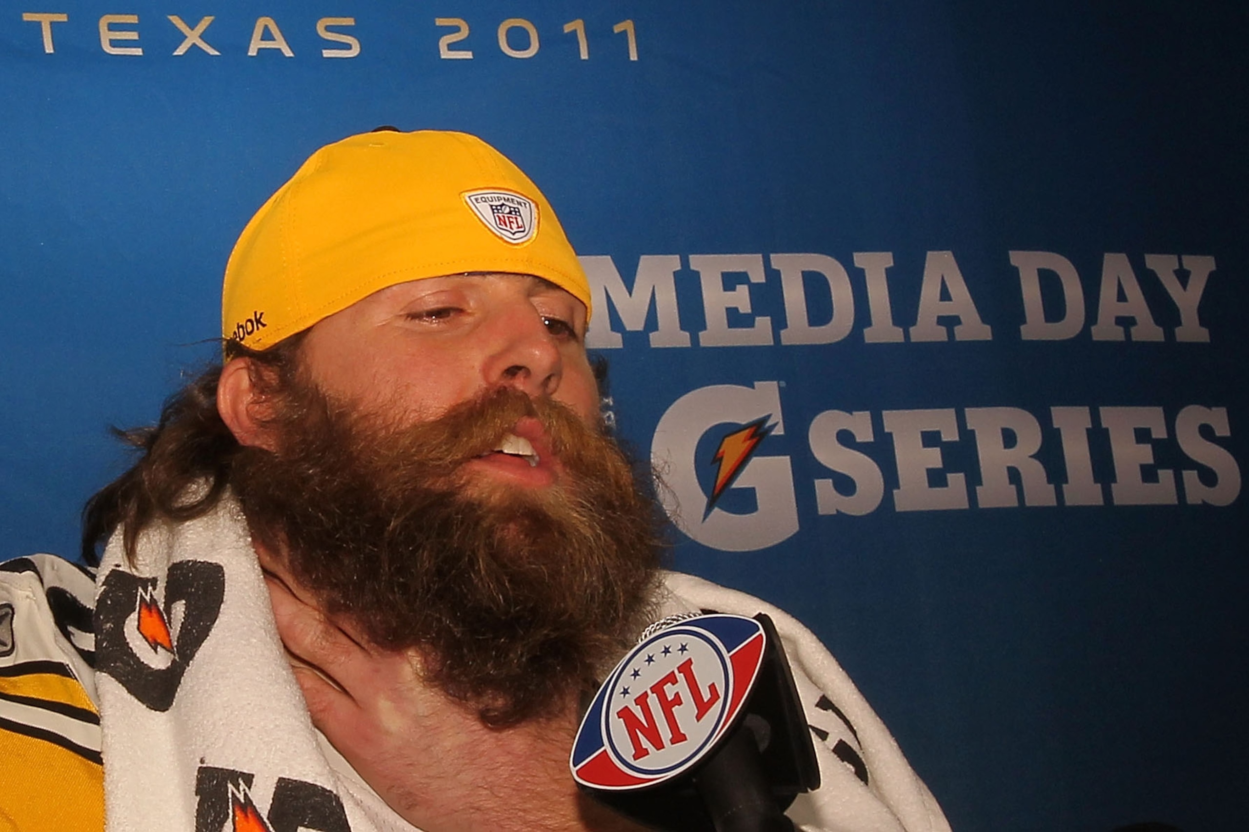 ARLINGTON, TX - FEBRUARY 01:  Brett Keisel #99 of the Pittsburgh Steelers answers questions during Super Bowl XLV Media Day ahead of Super Bowl XLV at Cowboys Stadium on February 1, 2011 in Arlington, Texas. The Pittsburgh Steelers will play the Green Bay