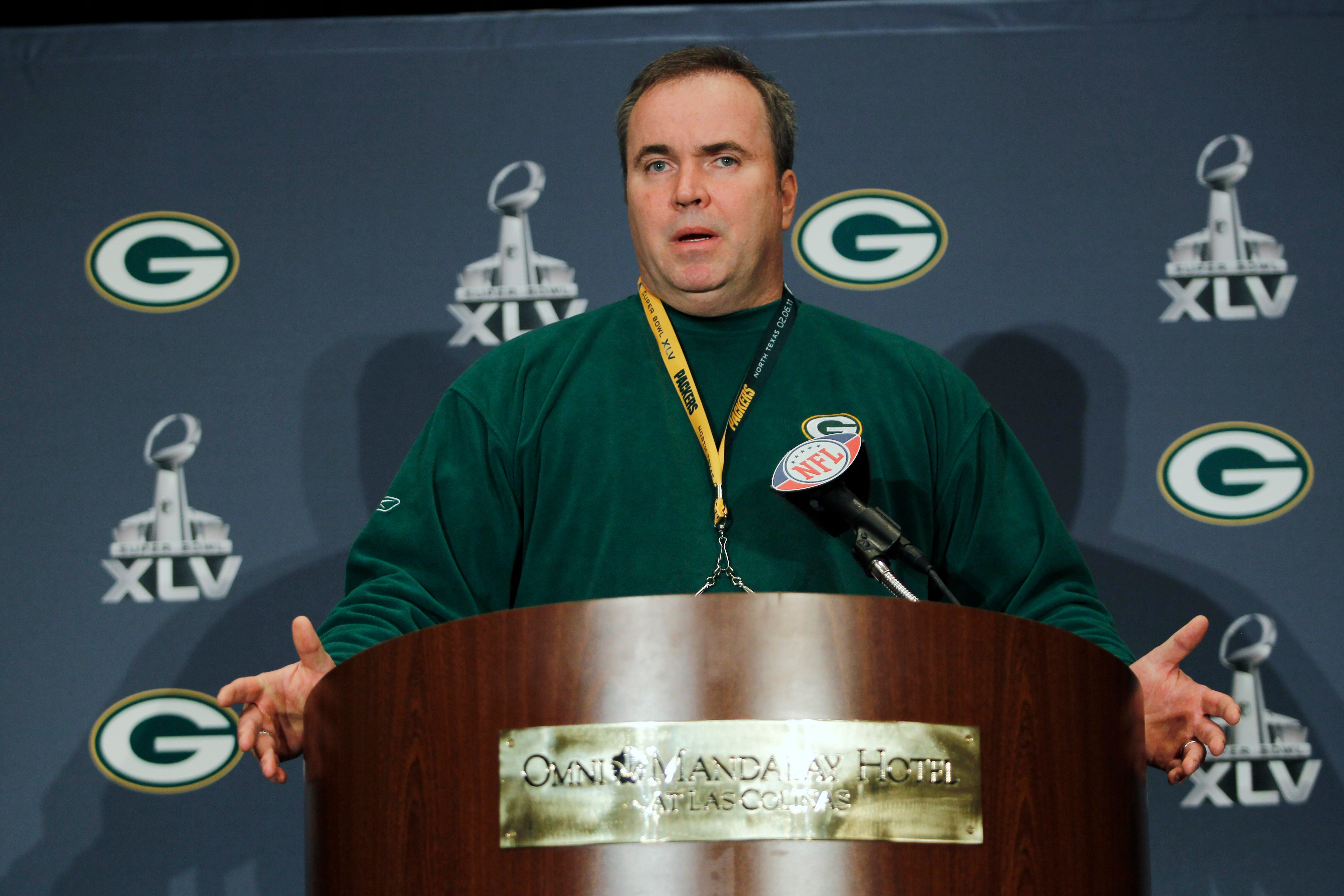 IRVING, TX - FEBRUARY 02:  Head coach Mike McCarthy of the Green Bay Packers talks to the media on February 2, 2011 in Irving, Texas. The Green Bay Packers will play the Pittsburgh Steelers in Super Bowl XLV on February 6, 2011 at Cowboys Stadium in Arlin