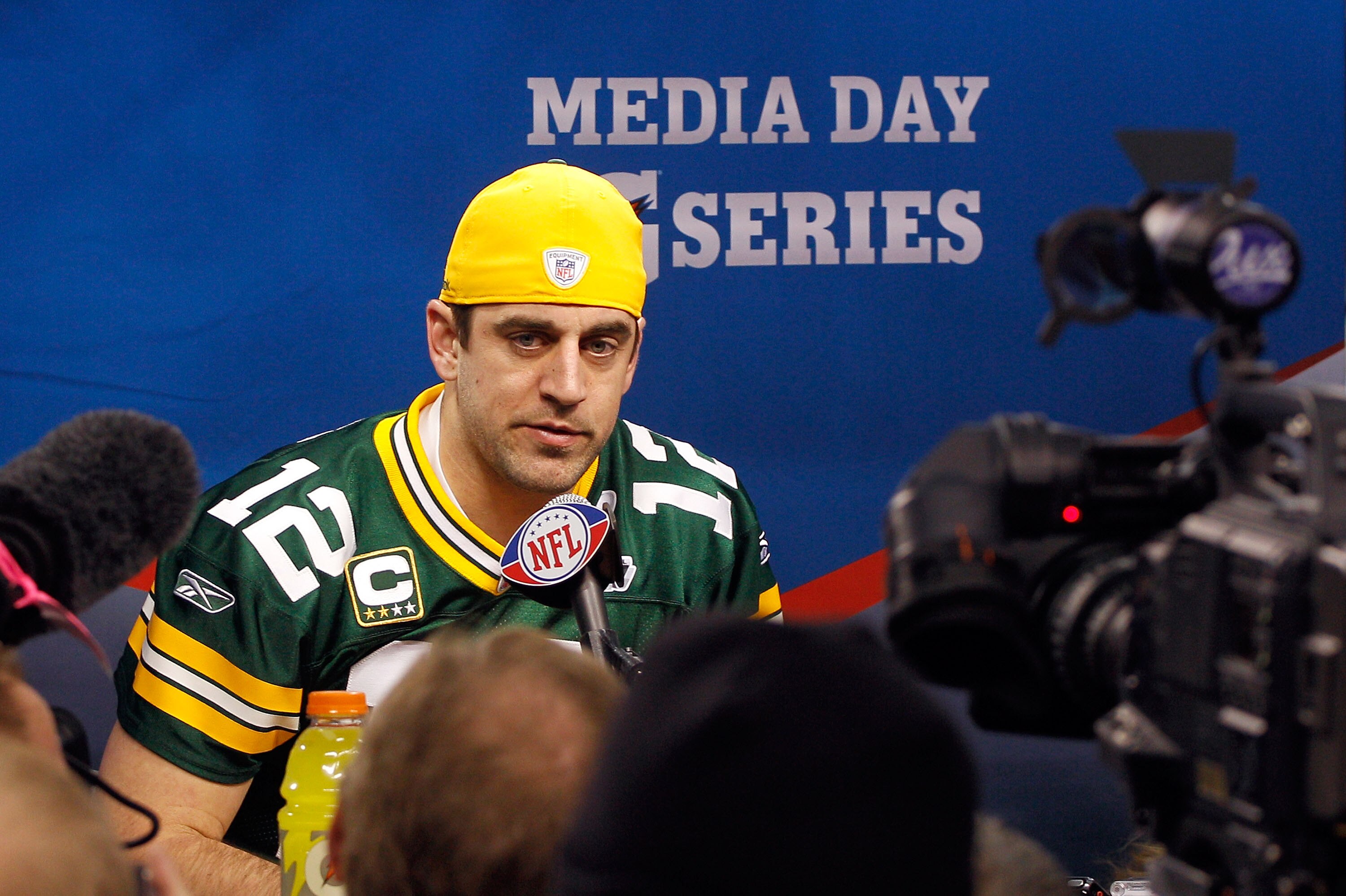 ARLINGTON, TX - FEBRUARY 01:  Quarterback Aaron Rodgers #12 of the Green Bay Packers speaks during Super Bowl XLV Media Day ahead of Super Bowl XLV at Cowboys Stadium on February 1, 2011 in Arlington, Texas. The Pittsburgh Steelers will play the Green Bay