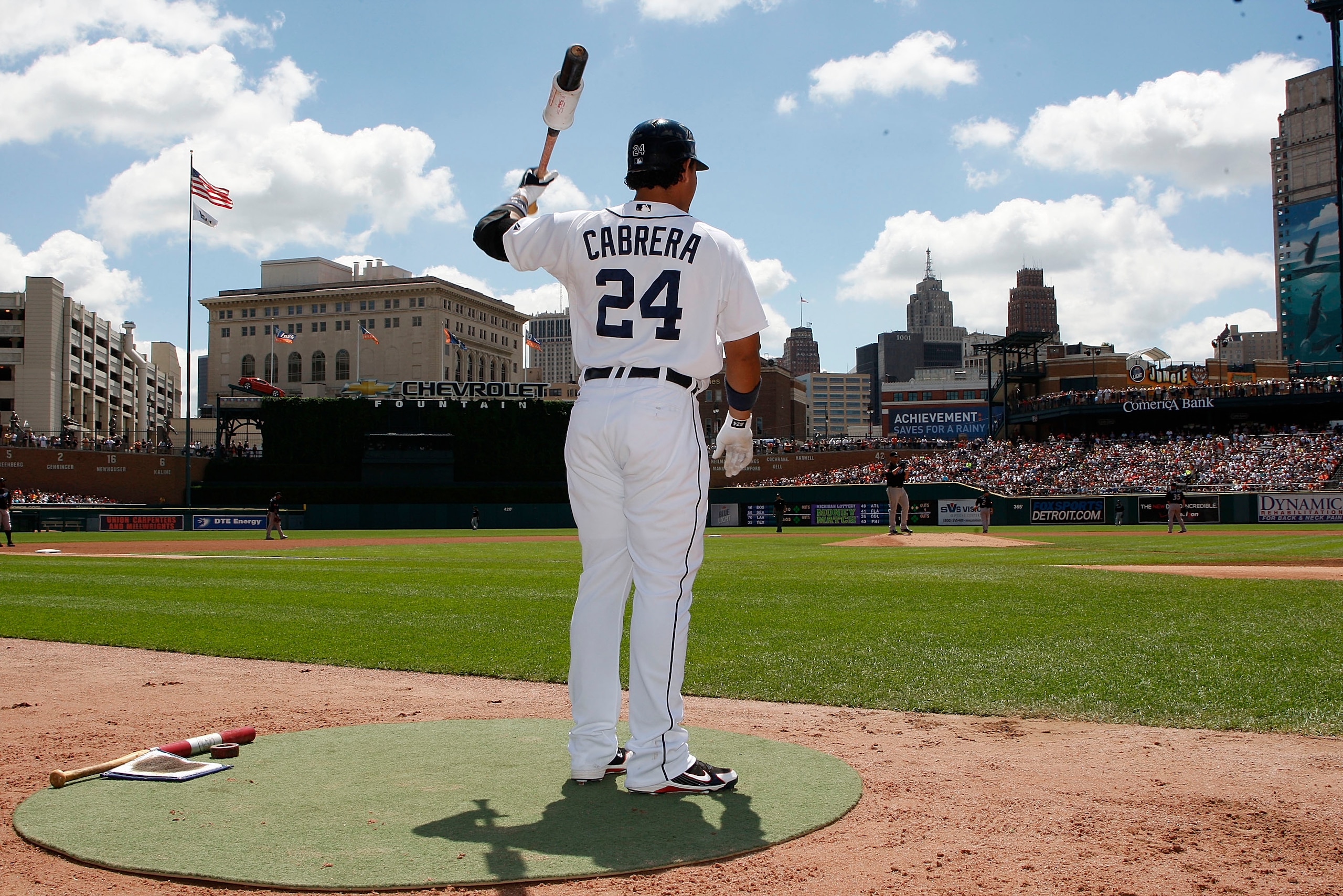 DETROIT - JULY 25:  Miguel Cabrera #24 of the Detroit Tigers gets ready to bat during the first inning against the Toronto Blue Jays on July 25, 2010 at Comerica Park in Detroit, Michigan. The Blue Jays defeated the Tigers 5-3.  (Photo by Leon Halip/Getty