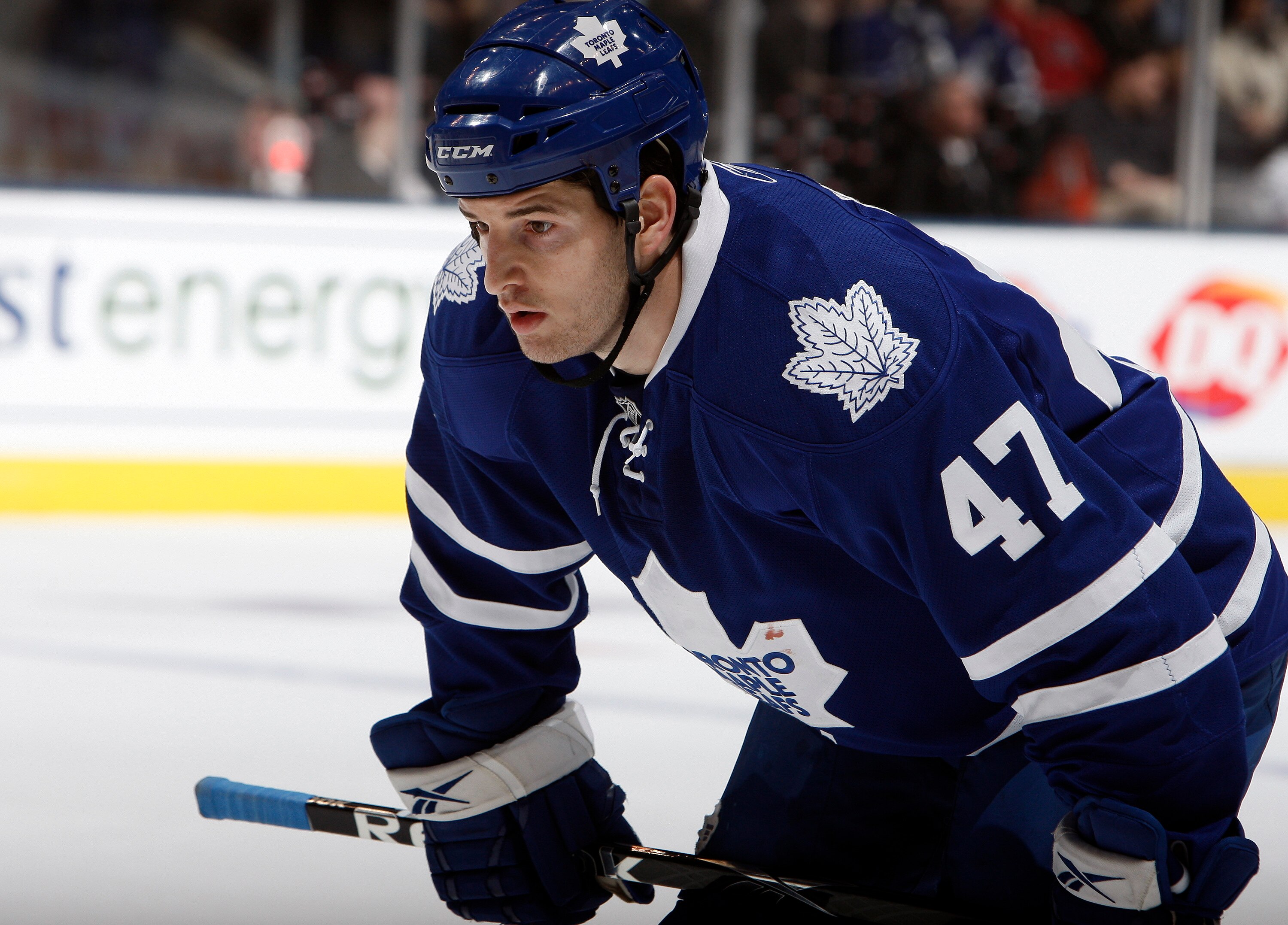 TORONTO, CANADA - JANUARY 22:  Darryl Boyce #47 of the Toronto Maple Leafs takes a faceoff during game action at the Air Canada Centre against the Washington Capitals January 22, 2011 in Toronto, Ontario, Canada. (Photo by Abelimages/Getty Images)