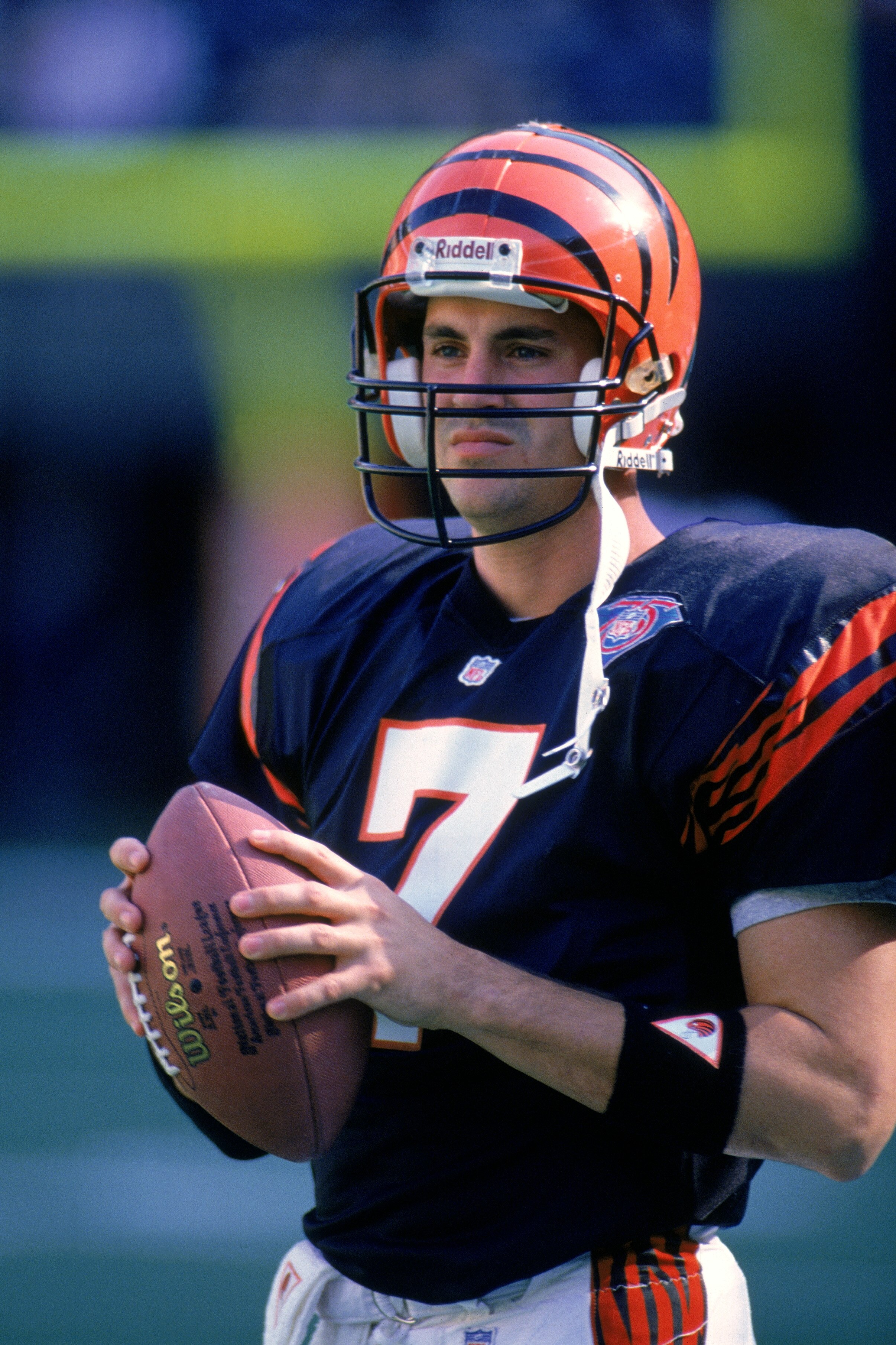 CINCINNATI - NOVEMBER 13:  Quarterback David Klingler #7 of the Cincinnati Bengals holds a football during the game against the Houston Oilers at Riverfront Stadium on November 13, 1994 in Cincinnati, Ohio.  The Oilers defeated the Bengals 35-5.   (Photo