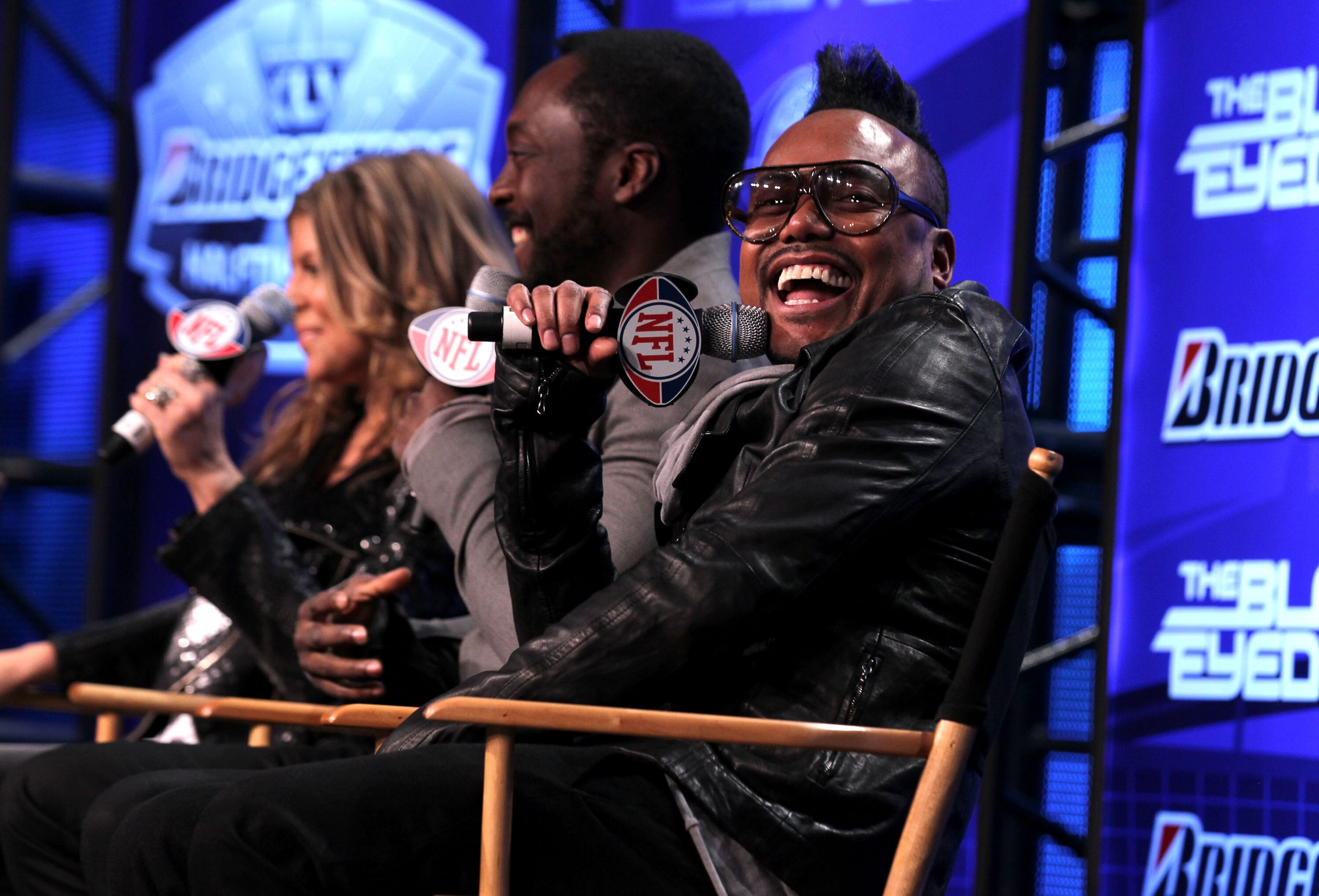 DALLAS, TX - FEBRUARY 03:  (L-R) Fergie, will.i.am and apl.de.ap of the Black Eyed Peas speak at the Bridgestone Super Bowl XLV Halftime Show press conference on February 3, 2011 in Dallas, Texas.  (Photo by Christopher Polk/Getty Images)