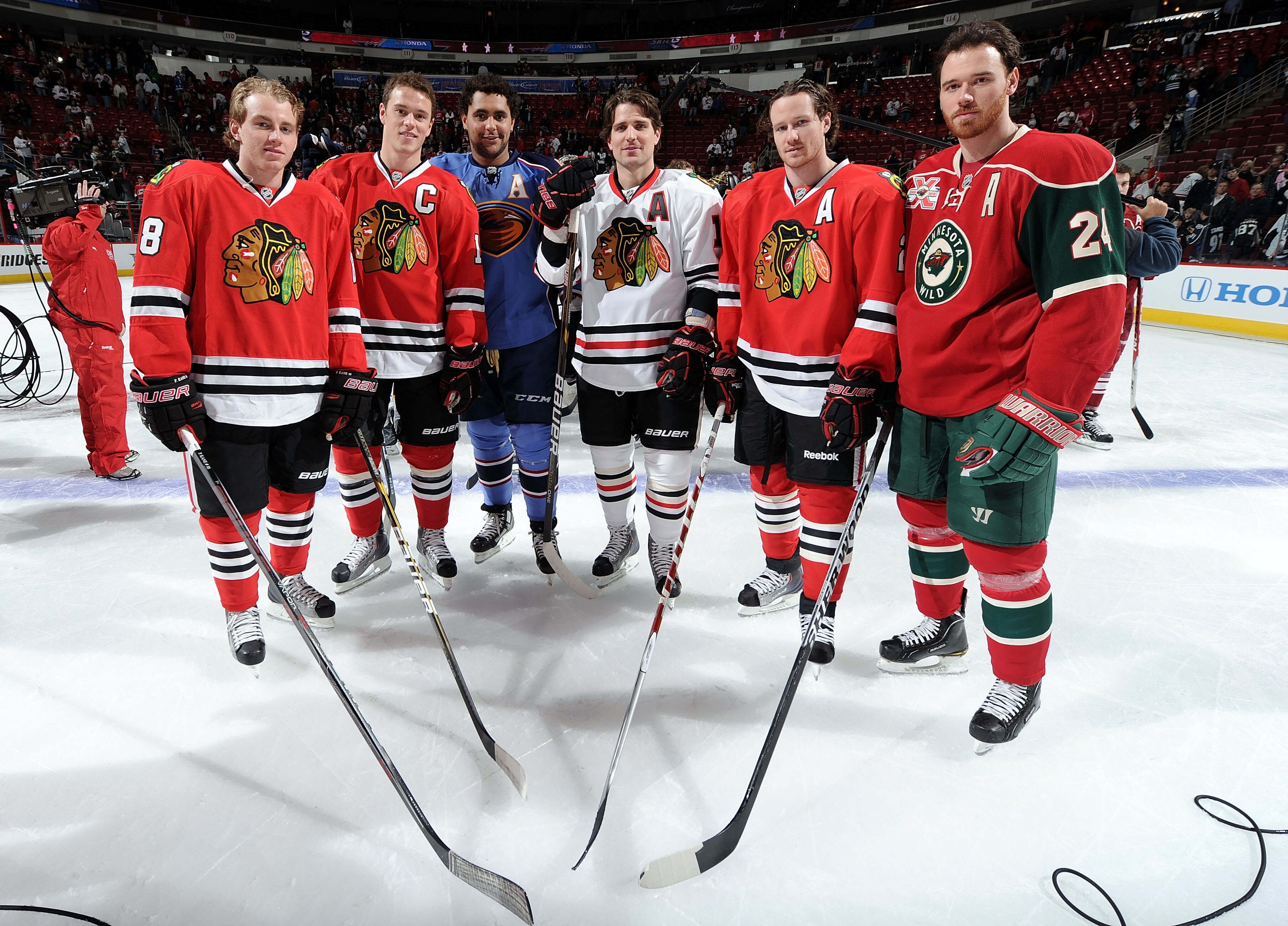 RALEIGH, NC - JANUARY 29:  Patrick Kane #88 of the Chicago Blackhawks, Jonathan Toews #19 of the Chicago Blackhawks, Dustin Byfuglien #33 of the Atlanta Thrashers, Patrick Sharp #10 of the Chicago Blackhaws, Duncan Keith #2 of of the Chicago Blackhawks an