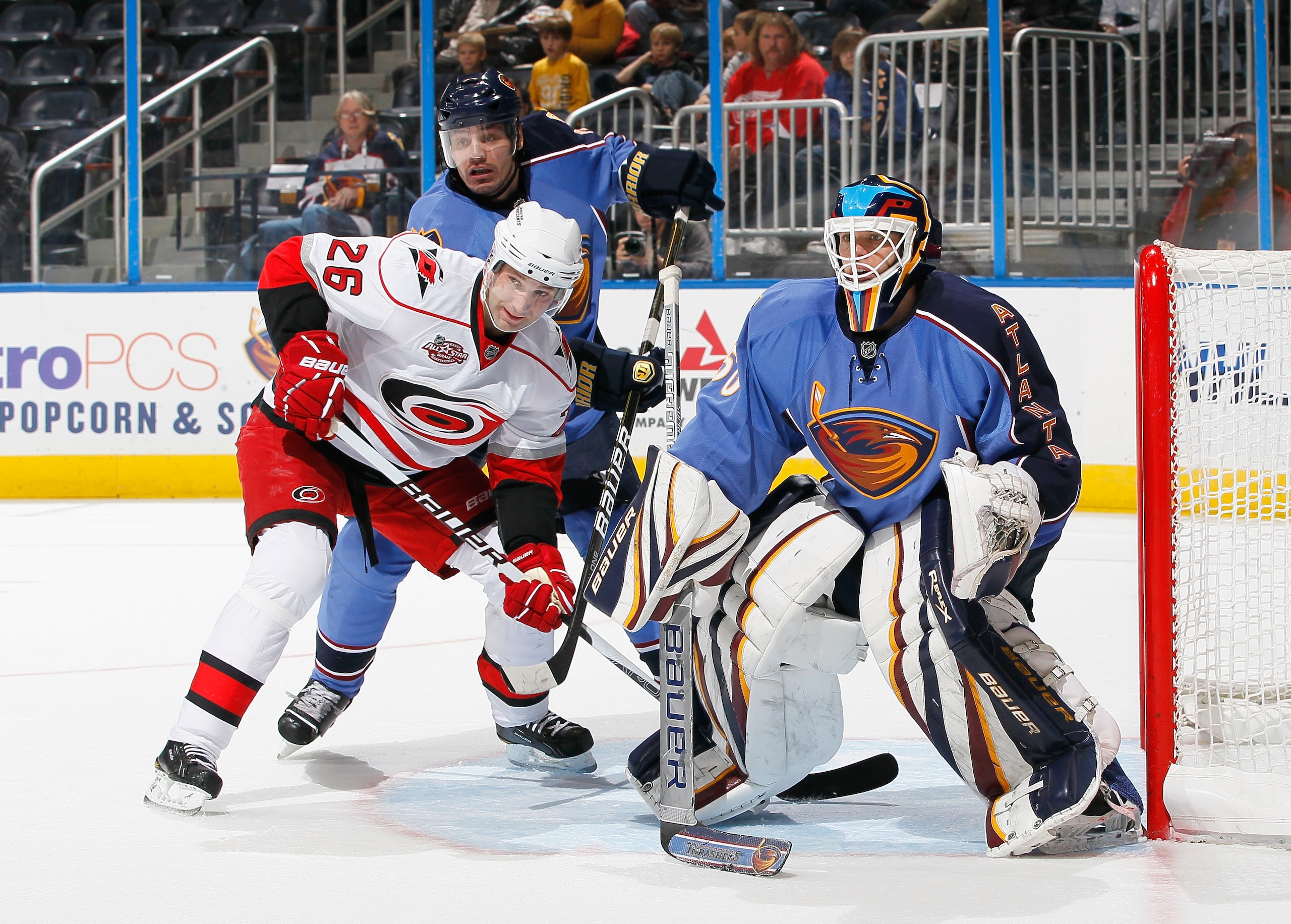 ATLANTA, GA - DECEMBER 16:  Goaltender Chris Mason #50 and Brent Sopel #3 of the Atlanta Thrashers against Erik Cole #26 of the Carolina Hurricanes at Philips Arena on December 16, 2010 in Atlanta, Georgia.  (Photo by Kevin C. Cox/Getty Images)