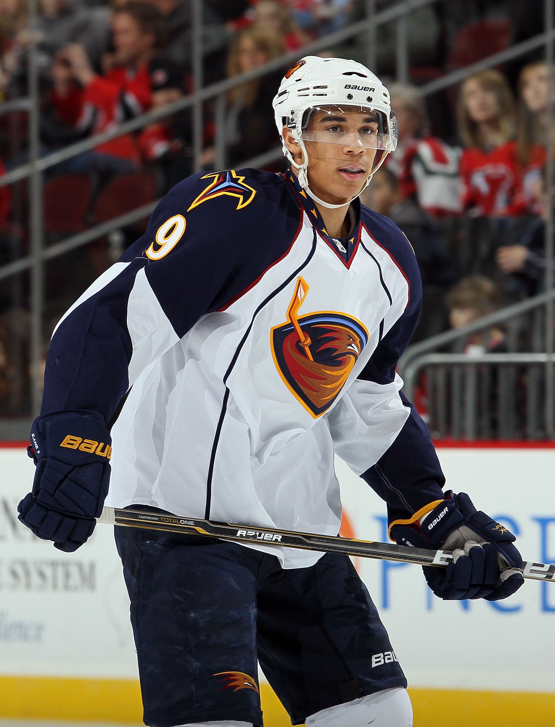 NEWARK, NJ - DECEMBER 31:  Evander Kane #9 of the Atlanta Thrashers looks on against the New Jersey Devils at the Prudential Center on December 31, 2010 in Newark, New Jersey. The Devils defeated the Thrashers 3-1.  (Photo by Jim McIsaac/Getty Images)