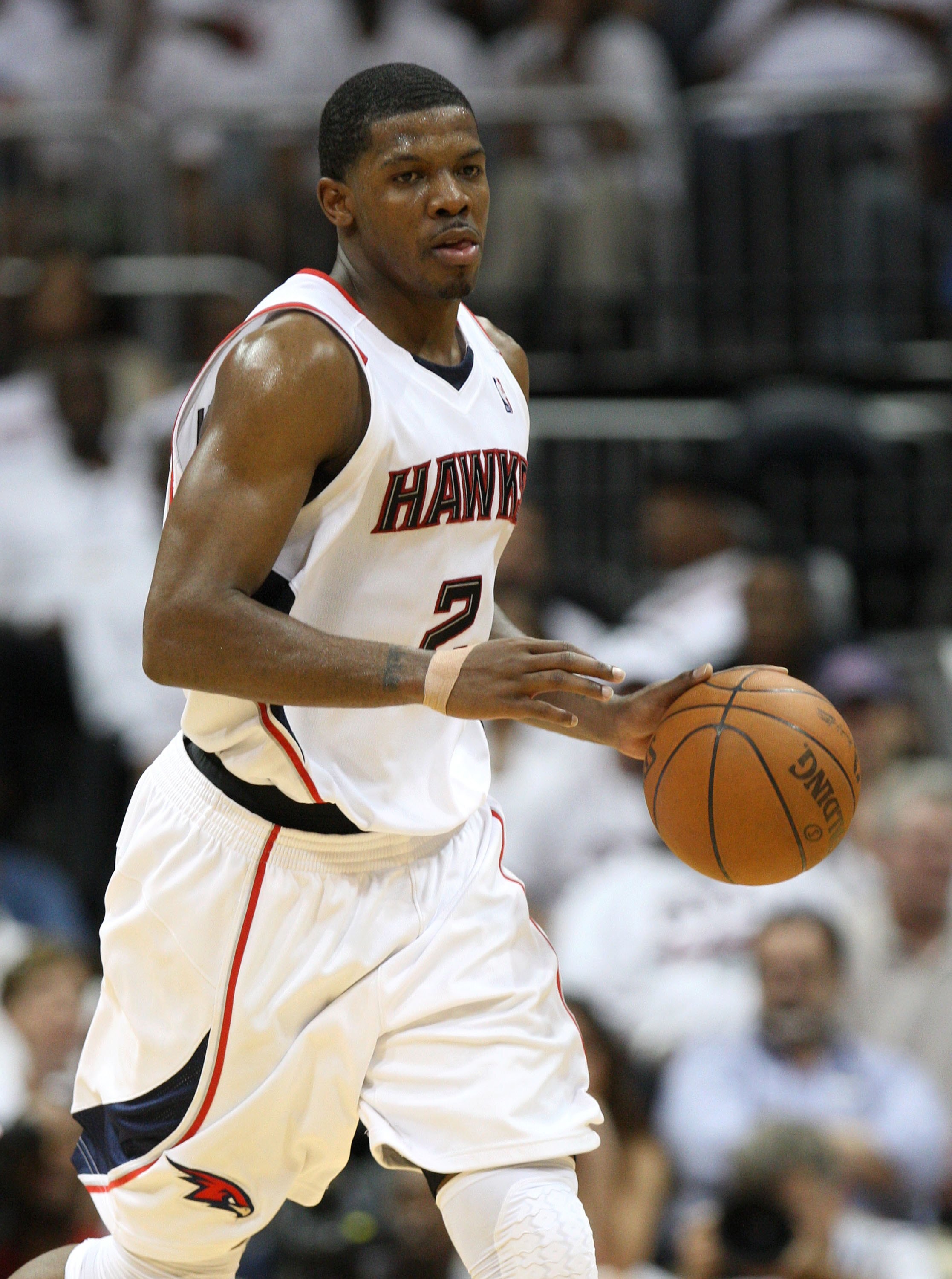 ATLANTA - MAY 2:  Guard Joe Johnson #2 of the Atlanta Hawks dribbles the ball during Game Seven of the Eastern Conference Quarterfinals between the Milwaukee Bucks and the Atlanta Hawks during the 2010 NBA Playoffs at Philips Arena on May 2, 2010 in Atlan