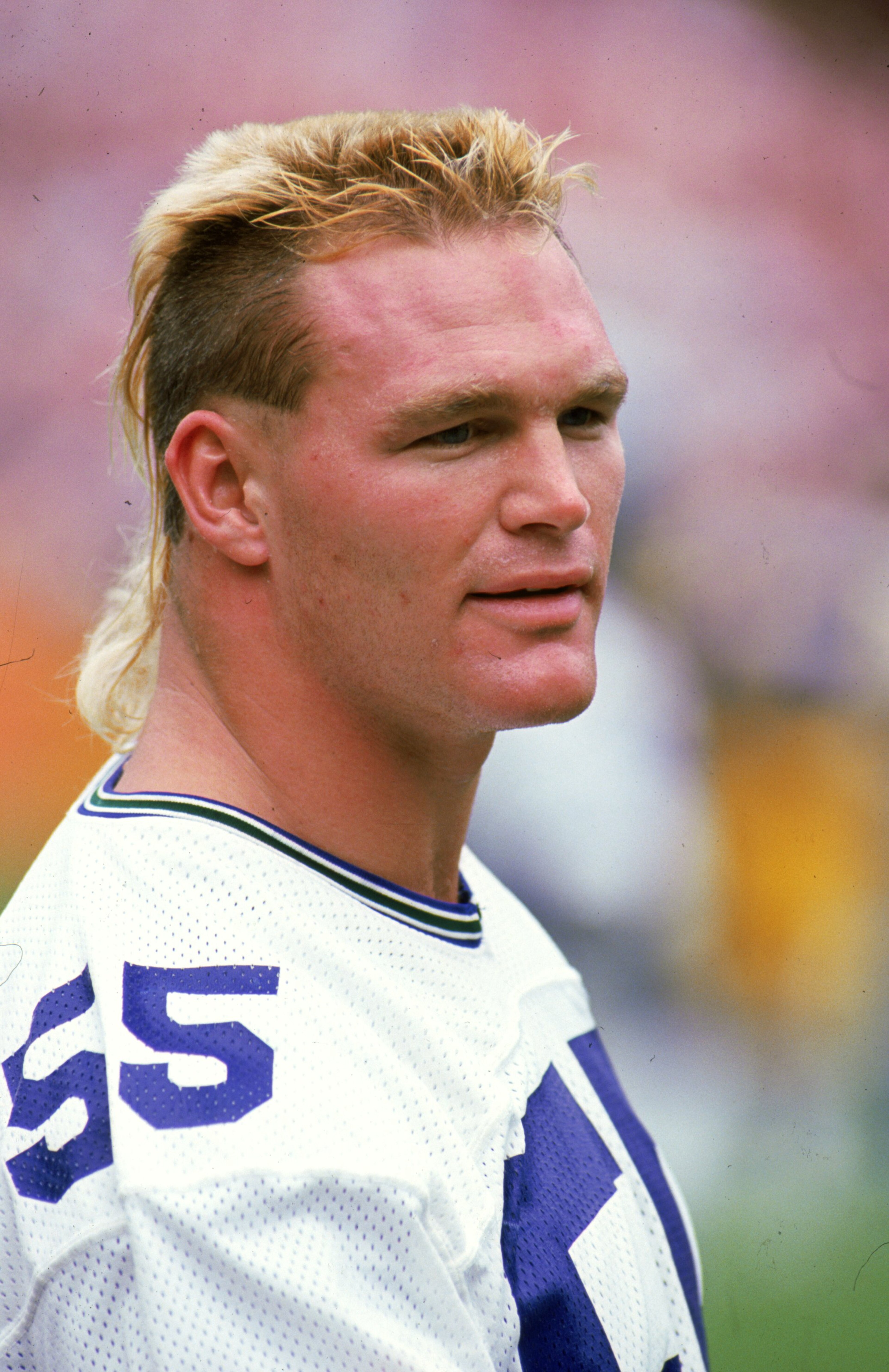 23 Oct 1988: A close up of Brian Bosworth #55 of the Seattle Seahawks as he looks on during the game against the Los Angeles Rams. The Rams defeated the Seahawks 31-10. 23 Oct 1988: A close up of Brian Bosworth #55 of the Seattle Seahawks as he looks on during the game against the Los Angeles Rams. The Rams defeated the Seahawks 31-10.