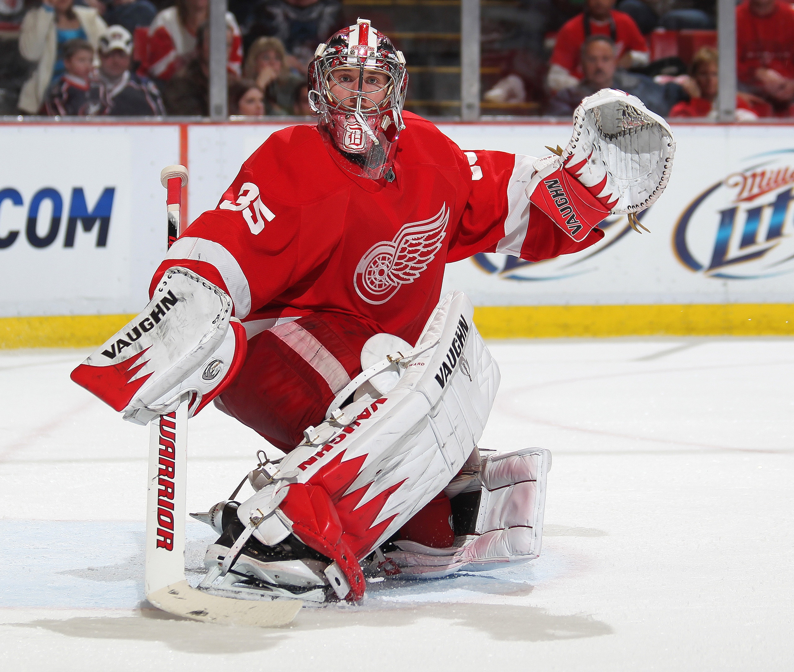DETROIT, MI - FEBRUARY 4:  Jimmy Howard #35 of the Detroit Red Wings turns a shot away in a game against the Columbus Blue Jackets on February 4, 2011 at the Joe Louis Arena in Detroit, Michigan. The Blue Jackets defeated the Wings 3-0. (Photo by Claus An