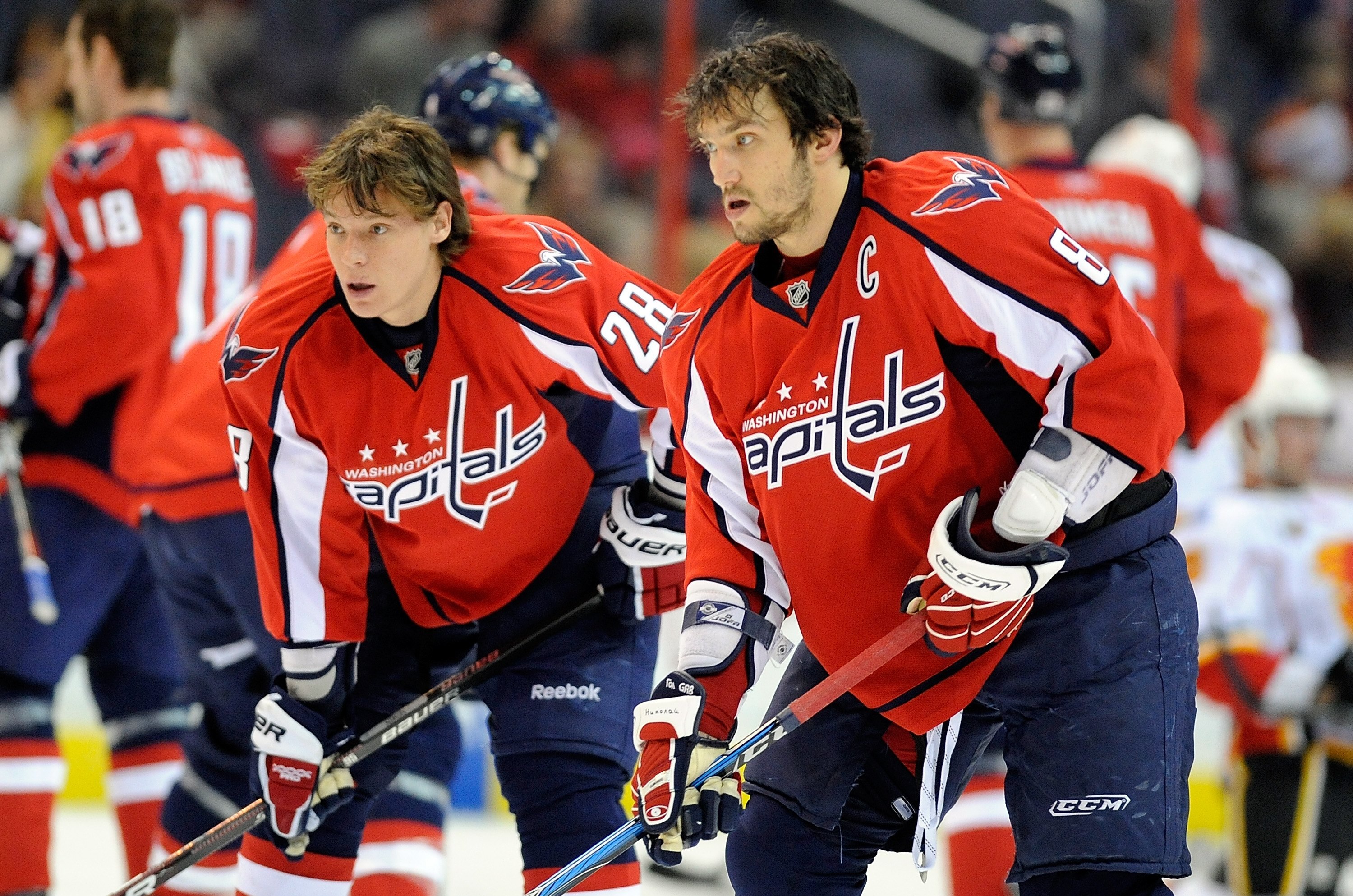 WASHINGTON - MARCH 28:  Alexander Semin #28 and Alex Ovechkin #8 of the Washington Capitals warm up before the game against the Calgary Flames at the Verizon Center on March 28, 2010 in Washington, DC.  (Photo by Greg Fiume/Getty Images)