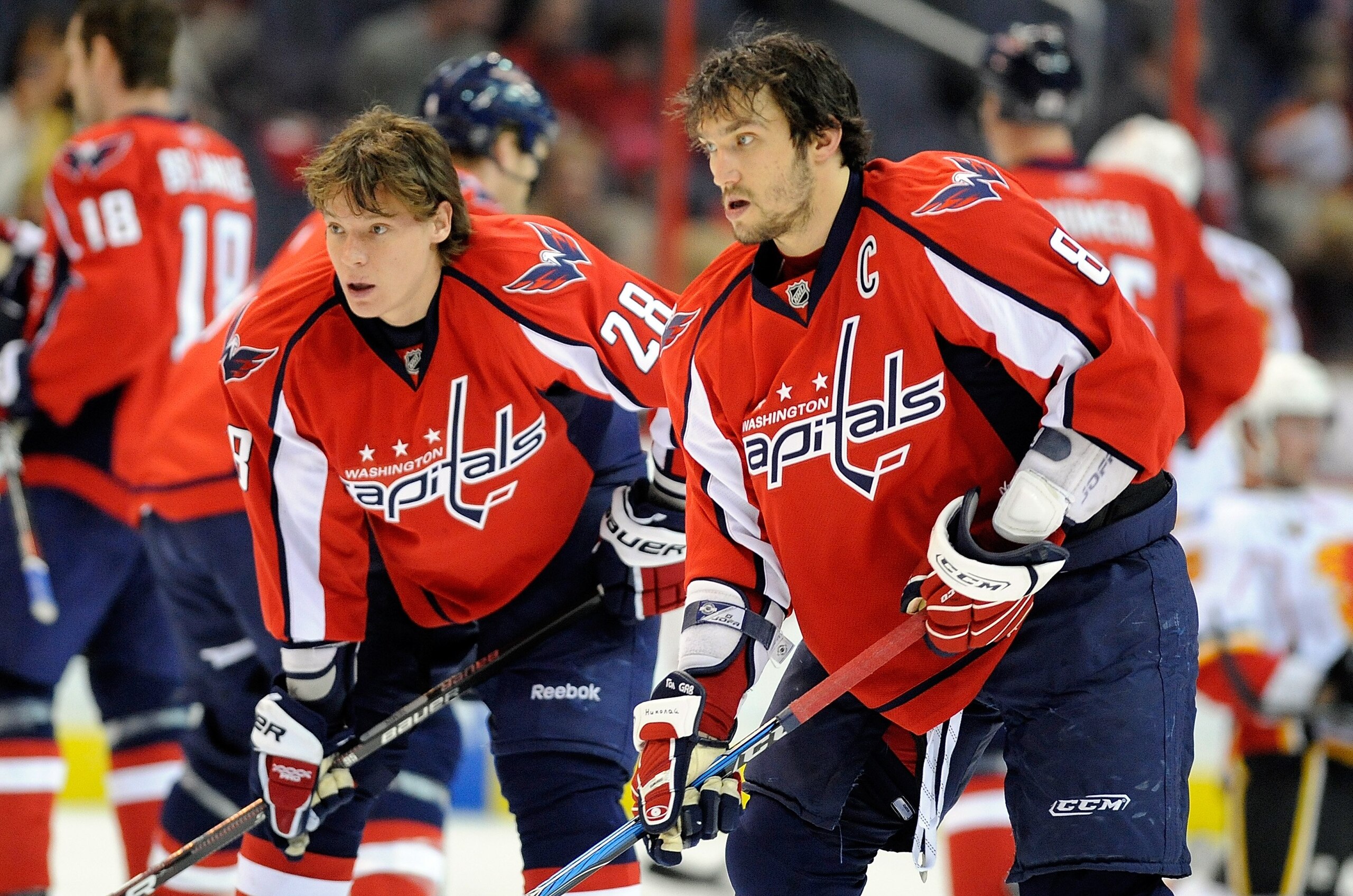 WASHINGTON - MARCH 28:  Alexander Semin #28 and Alex Ovechkin #8 of the Washington Capitals warm up before the game against the Calgary Flames at the Verizon Center on March 28, 2010 in Washington, DC.  (Photo by Greg Fiume/Getty Images)
