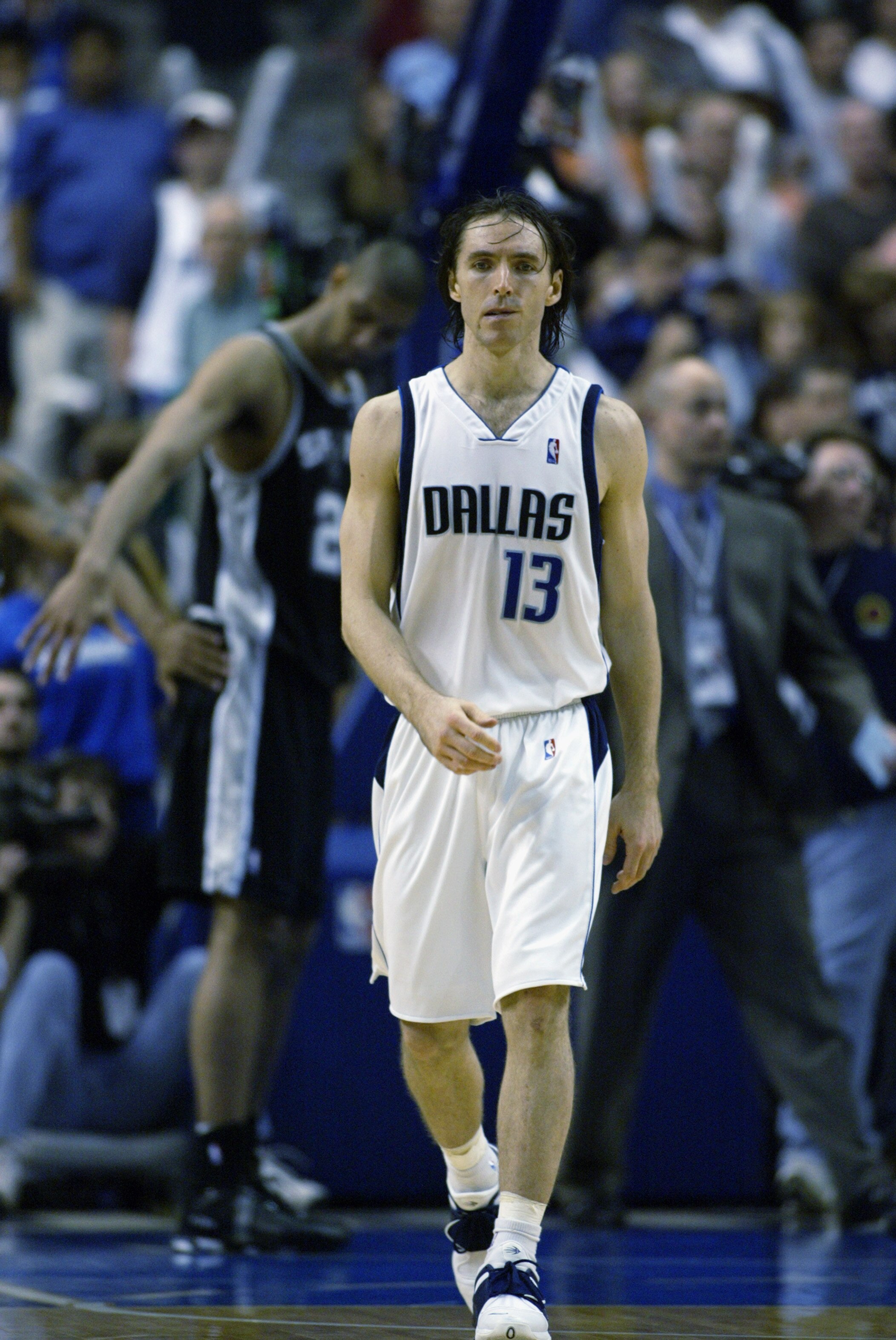 DALLAS - MAY 25:  Steve Nash #13 of the Dallas Mavericks walks upcourt in Game four of the Western Conference Finals against the San Antonio Spurs during the 2003 NBA Playoffs at American Airlines Center on May 25, 2003 in Dallas, Texas.  The Spurs won 10
