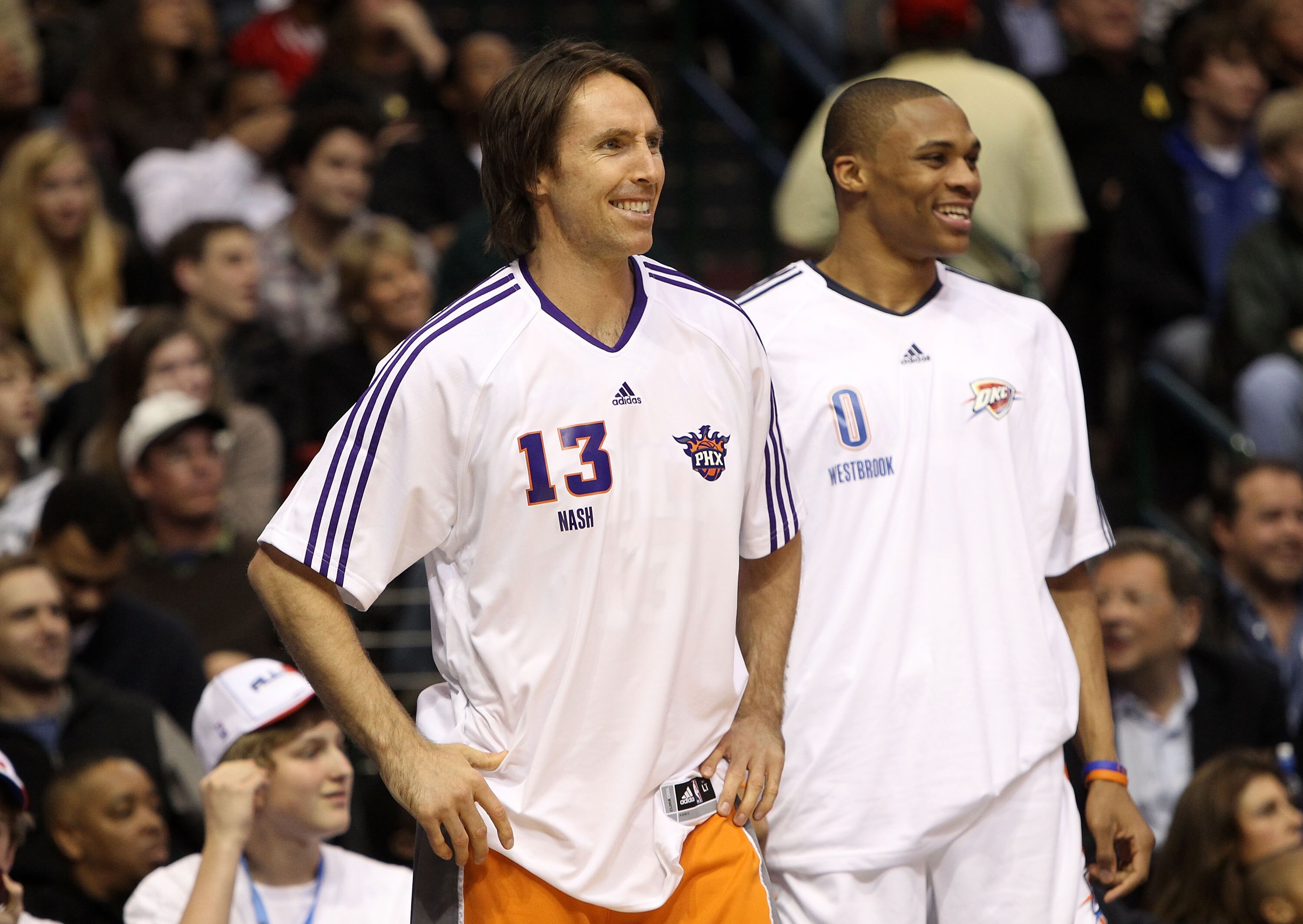 DALLAS - FEBRUARY 13:  Steve Nash #13 of the Phoenix Suns and Russell Westbrook #0 of the Oklahoma City Thunder smiles during the Taco Bell Skills Challenge on All-Star Saturday Night, part of 2010 NBA All-Star Weekend at American Airlines Center on Febru