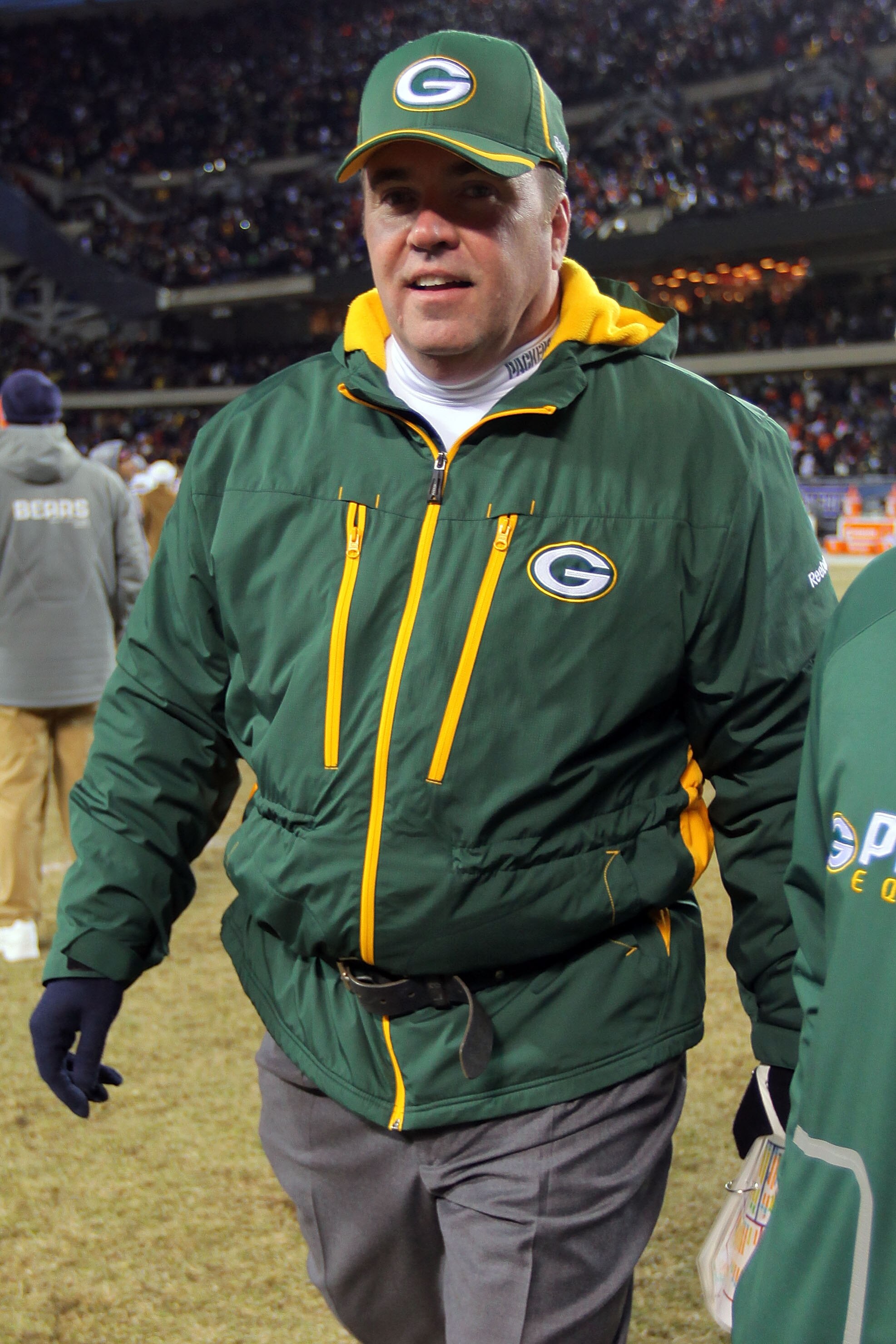 CHICAGO, IL - JANUARY 23:  Head coach Mike McCarthy of the Green Bay Packers celebrates after the Packers 21-14 victory against the Chicago Bears in the NFC Championship Game at Soldier Field on January 23, 2011 in Chicago, Illinois.  (Photo by Doug Pensi