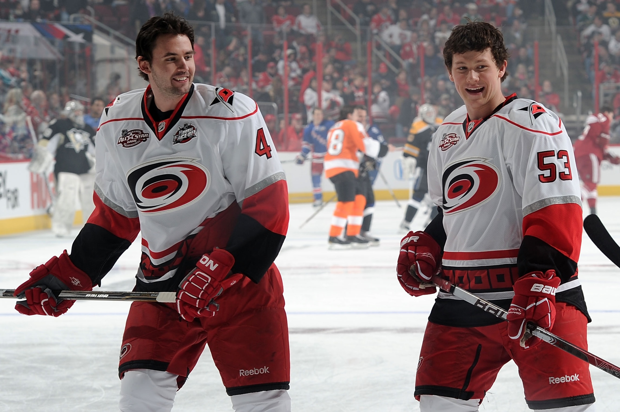 RALEIGH, NC - JANUARY 29:  Jamie McBain #4 and Jeff Skinner #53 of the Carolina Hurricanes warm up prior to the Honda NHL SuperSkills competition part of 2011 NHL All-Star Weekend at the RBC Center on January 29, 2011 in Raleigh, North Carolina.  (Photo b