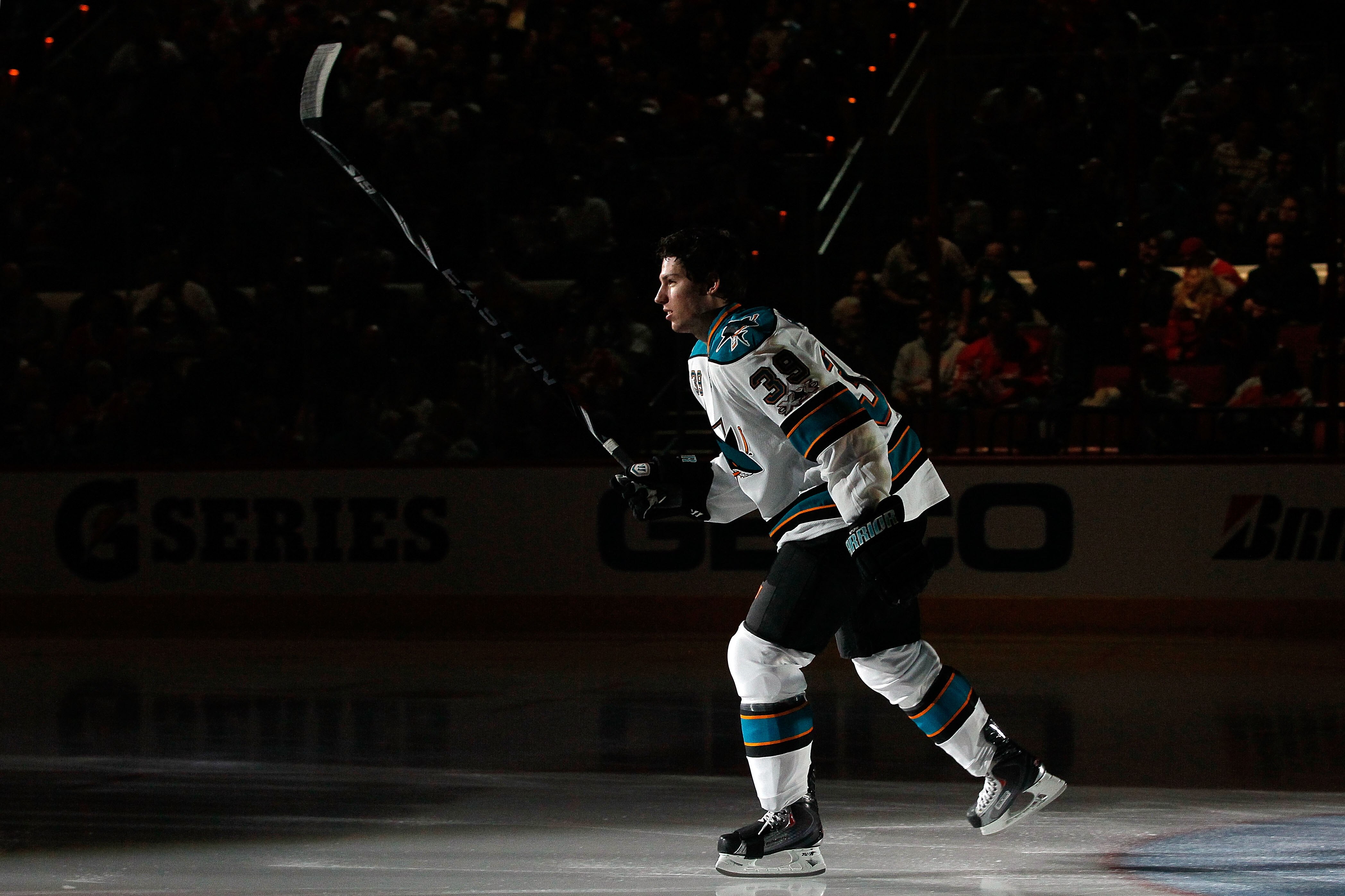 RALEIGH, NC - JANUARY 29:  Logan Couture #39 of the San Jose Sharks is introduced during the Honda NHL SuperSkills competition part of 2011 NHL All-Star Weekend at the RBC Center on January 29, 2011 in Raleigh, North Carolina.  (Photo by Kevin C. Cox/Gett