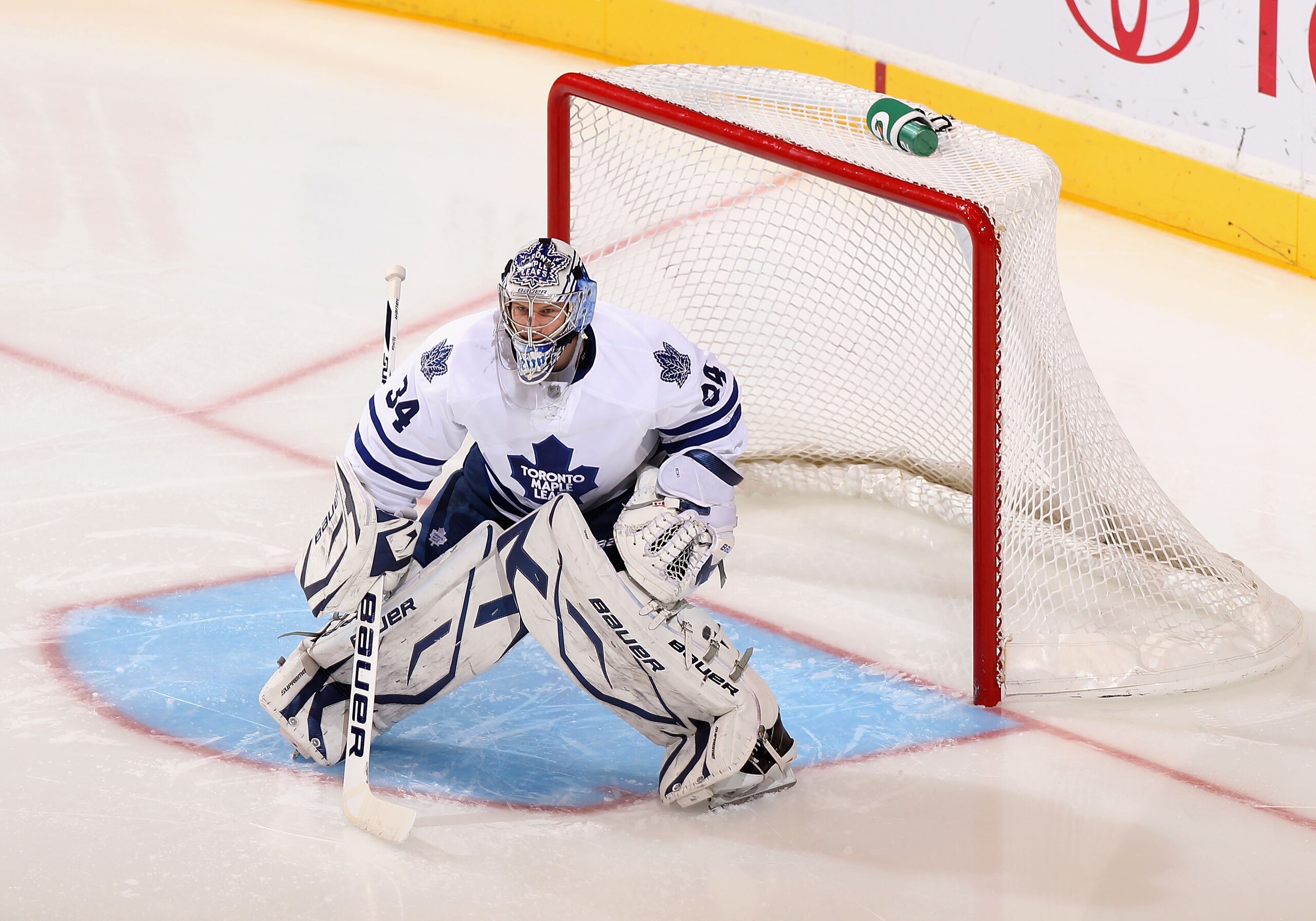 GLENDALE, AZ - JANUARY 13:  Goaltender  James Reimer #34 of the Toronto Maple Leafs in action during the NHL game against the Phoenix Coyotes at Jobing.com Arena on January 13, 2011 in Glendale, Arizona. The Coyotes defeated the Maple Leafs 5-1.  (Photo b