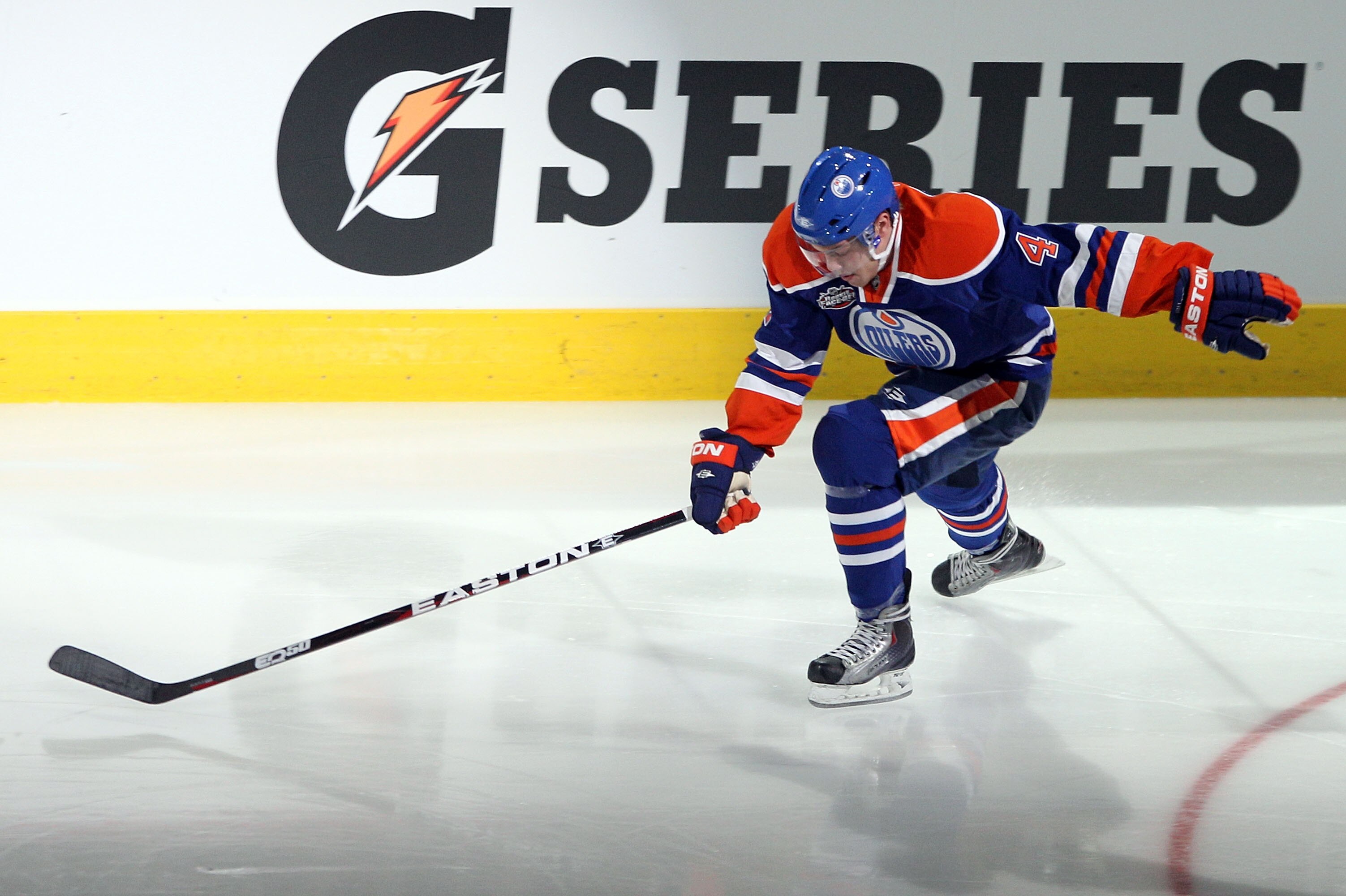 RALEIGH, NC - JANUARY 29:  Taylor Hall #4 of the Edmonton Oilers competes for fastest skater during the Honda NHL SuperSkills competition part of 2011 NHL All-Star Weekend at the RBC Center on January 29, 2011 in Raleigh, North Carolina.  (Photo by Bruce