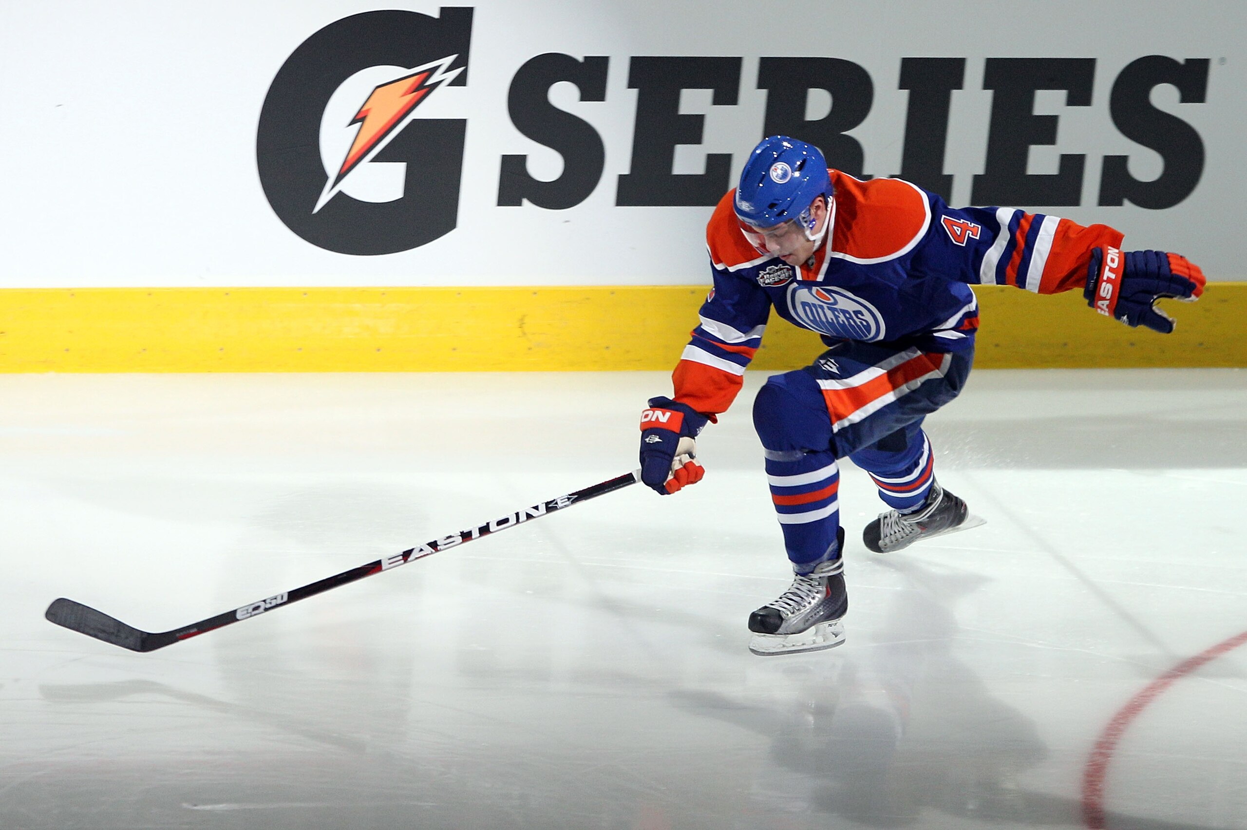 RALEIGH, NC - JANUARY 29:  Taylor Hall #4 of the Edmonton Oilers competes for fastest skater during the Honda NHL SuperSkills competition part of 2011 NHL All-Star Weekend at the RBC Center on January 29, 2011 in Raleigh, North Carolina.  (Photo by Bruce