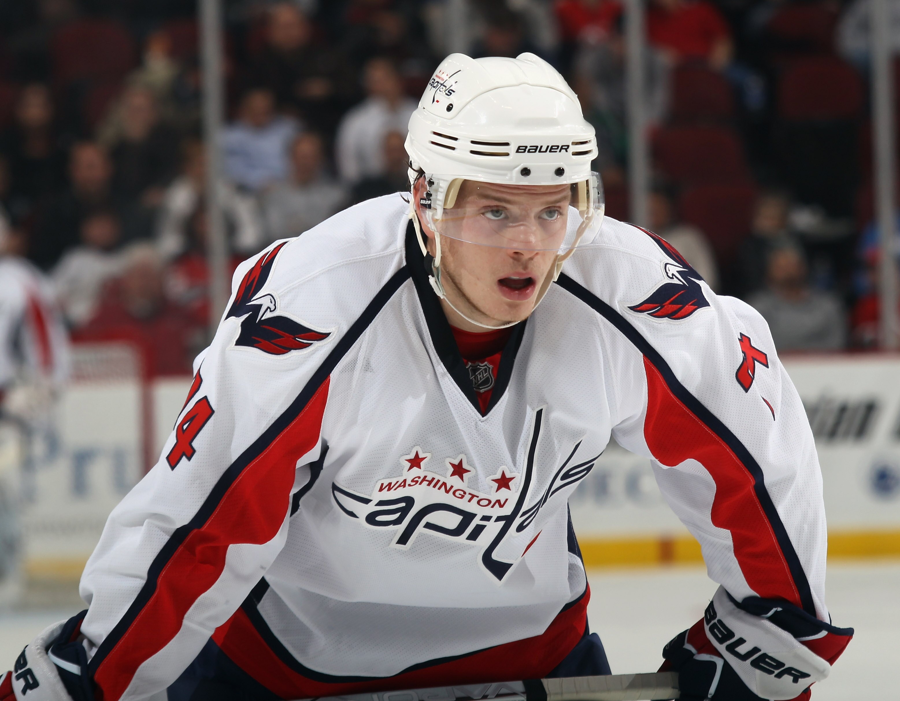 NEWARK, NJ - NOVEMBER 22:  John Carlson #74 of the Washington Capitals skates against the New Jersey Devils at the Prudential Center on November 22, 2010 in Newark, New Jersey. The Devils defeated the Capitals 5-0.  (Photo by Bruce Bennett/Getty Images)