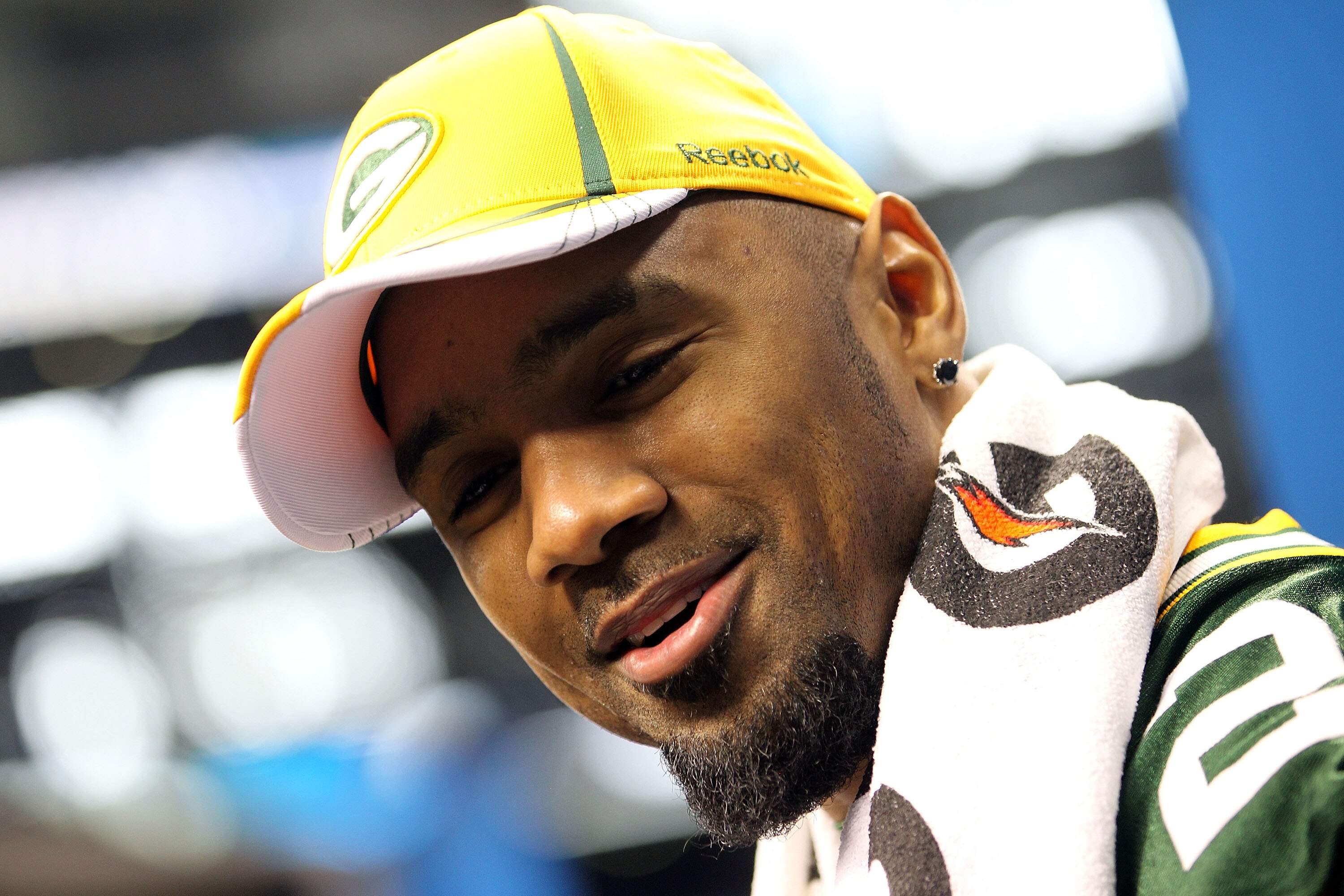 ARLINGTON, TX - FEBRUARY 01:  Charles Woodson #21 of the Green Bay Packers addresses the media during Super Bowl XLV Media Day ahead of Super Bowl XLV at Cowboys Stadium on February 1, 2011 in Arlington, Texas. The Pittsburgh Steelers will play the Green