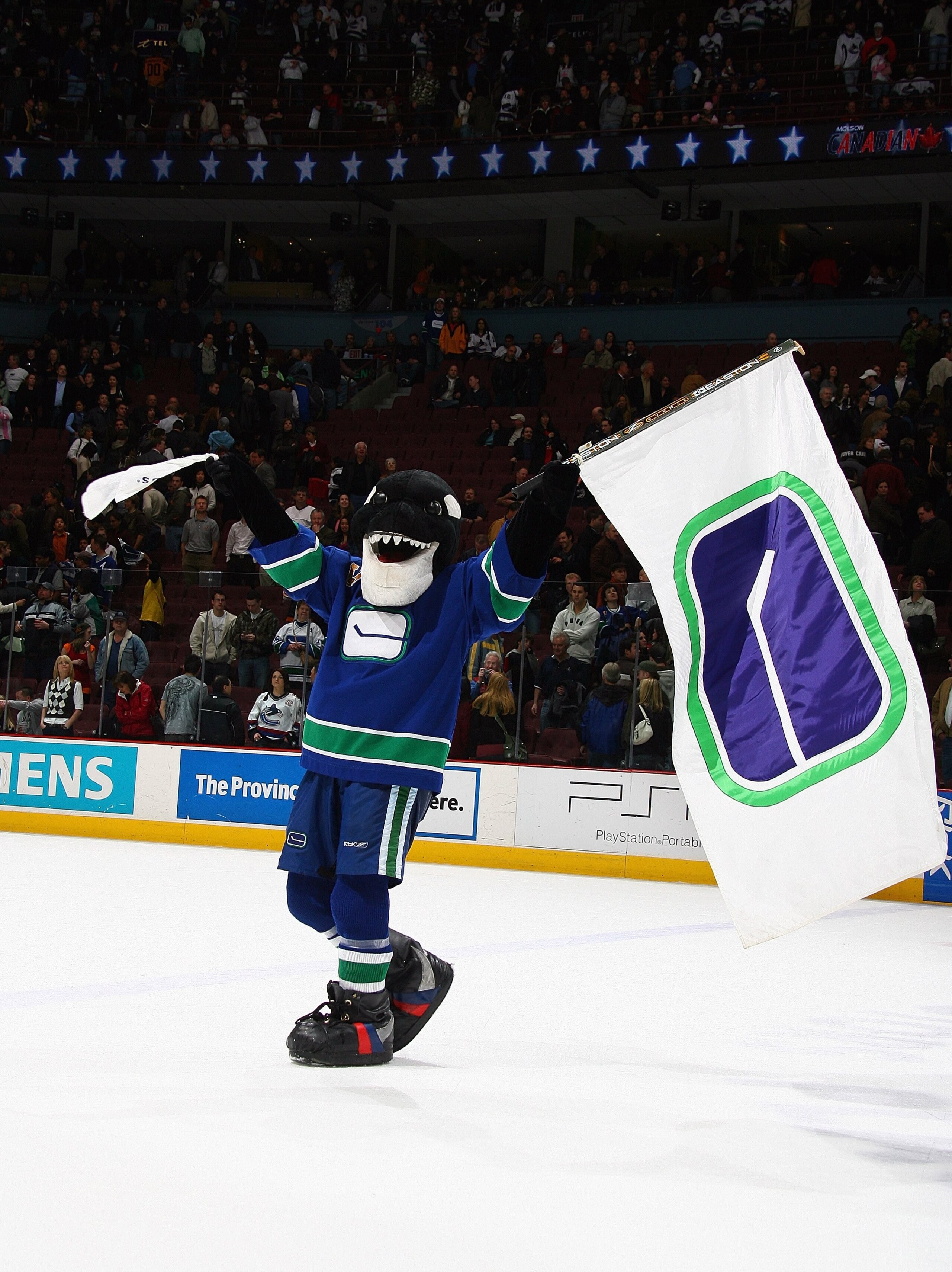 VANCOUVER, CANADA - APRIL 3:  The Canucks mascot 'Fin' of the Vancouver Canucks entertains fans during a break in NHL game action against the Los Angeles Kings at General Motors Place on April 3, 2007 in Vancouver, Canada. The Canucks defeated the Kings 4