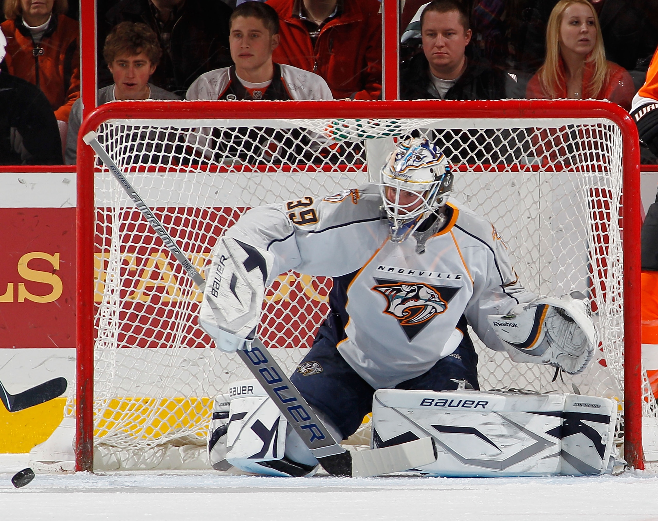 PHILADELPHIA, PA - FEBRUARY 03:  Goalie Anders Lindback #39 of the Nashville Predators makes a save during an NHL hockey game against the Philadelphia Flyers at the Wells Fargo Center on February 3, 2011 in Philadelphia, Pennsylvania.  (Photo by Paul Bere