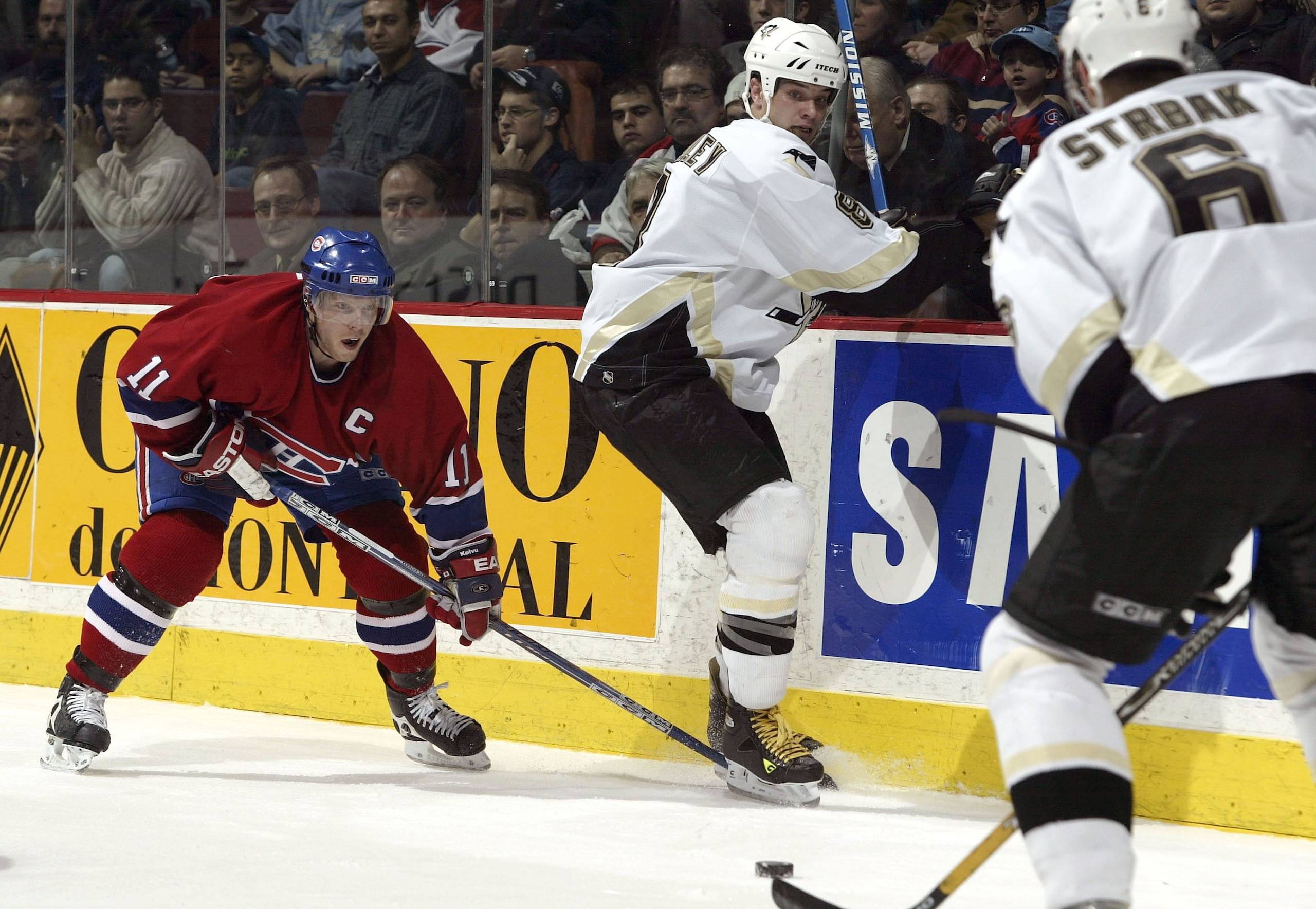 MONTREAL - DECEMBER 22:  Saku Koivu #11 of the Montreal Canadiens looks for a loose puck in the skates of Matt Bradley #8 of the Pittsburgh Penguins while Martin Strbak #6 of the Pittsburgh Penguins looks on during the game on December 22, 2003 at Molson