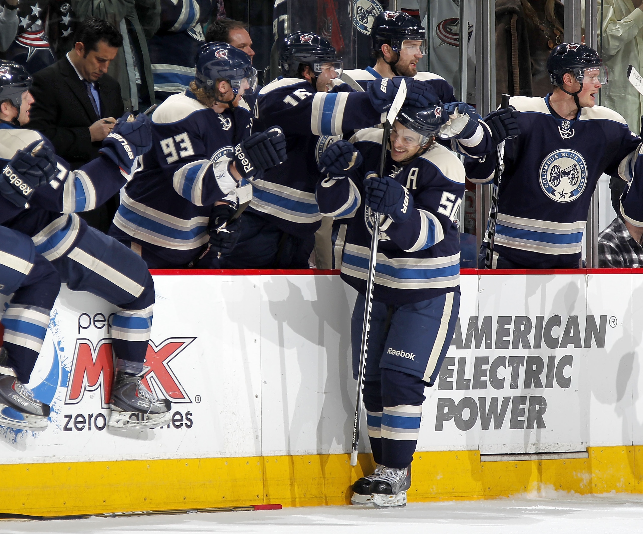 COLUMBUS, OH - FEBRUARY 05:  Antoine Vermette #50 of the Columbus Blue Jackets celebrates his third period goal with teammates while playing the Edmonton Oilers at Nationwide Arena on February 5, 2011 in Columbus, Ohio. Columbus won the game 4-3. (Photo b